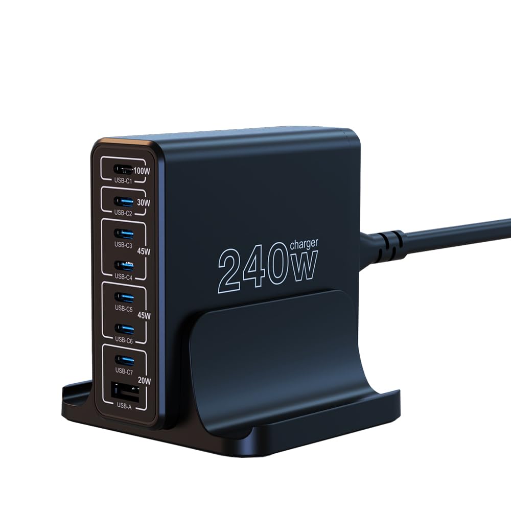URVNS 240W USB C GaN Charger - 8-Port Compact Fast Charging Station with PD 100W & PPS 45W for MacBook, iPhone 15/14 Pro Max, iPad Pro, Galaxy S23/S22, Pixel - Perfect for Home, Office & Travel Charging Multiple Devices Simultaneously