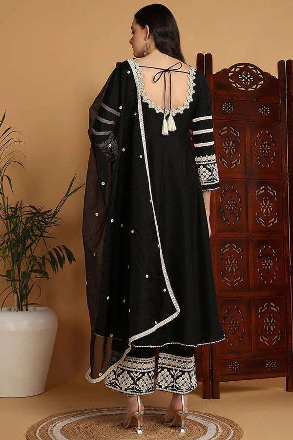 Black Silk Blend Embroidered Anarkali Suit Set for Women - Elegant Indian Ethnic Dress for Weddings, Parties & Festive Occasions