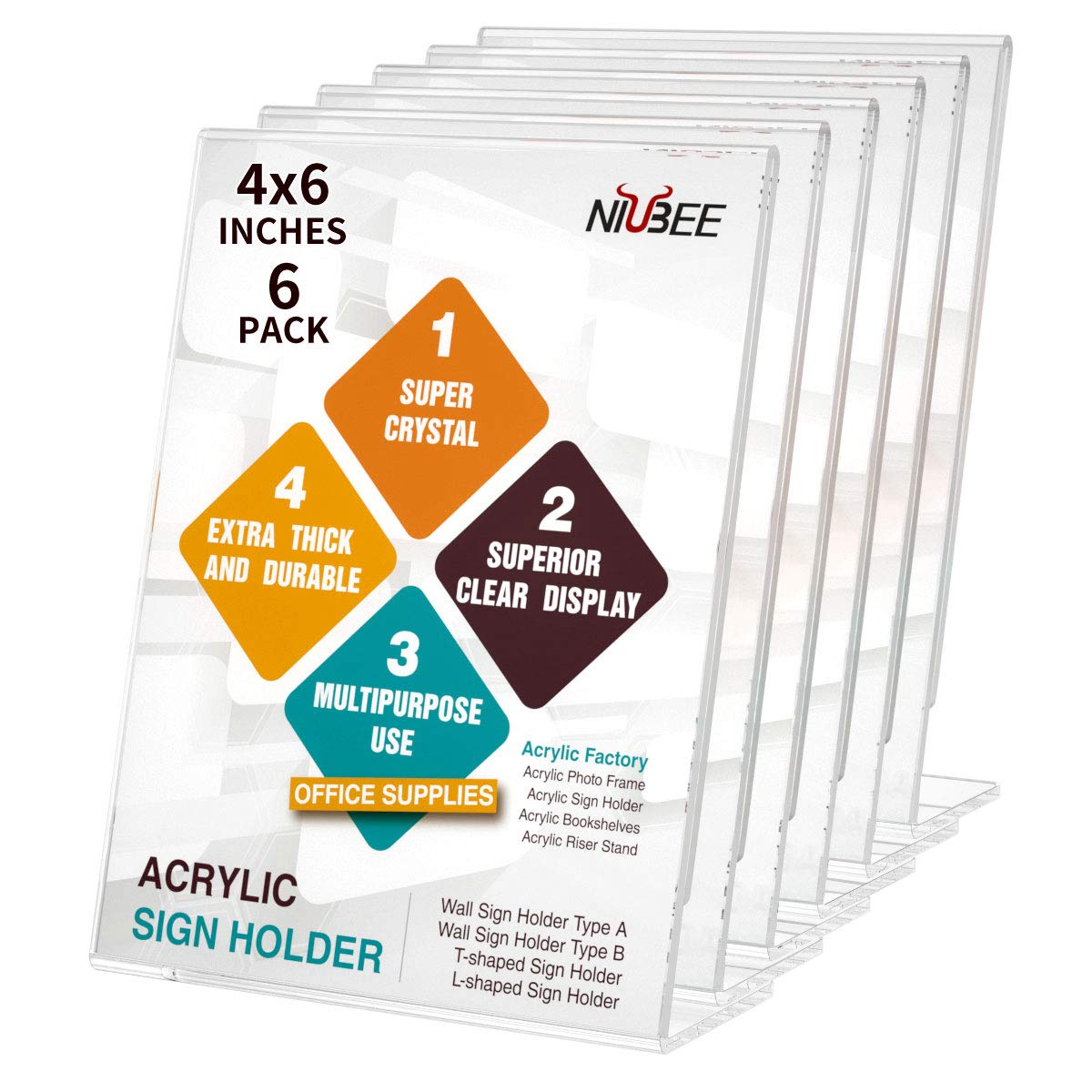 NIUBEE 6Pack 4x6 Inch Clear Acrylic Sign Holders - Vertical Picture Frames, Desktop Flyer & Document Holders, Paper Display Stand for Restaurants, Retail Stores & Office Use