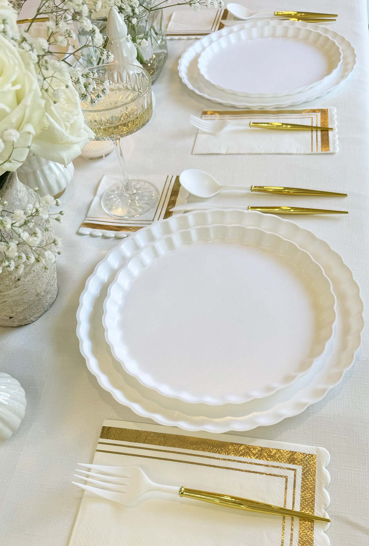 Eco-Friendly White and Gold Table Setting for Weddings, Parties & Formal Dining - Sustainable Dinnerware Set
