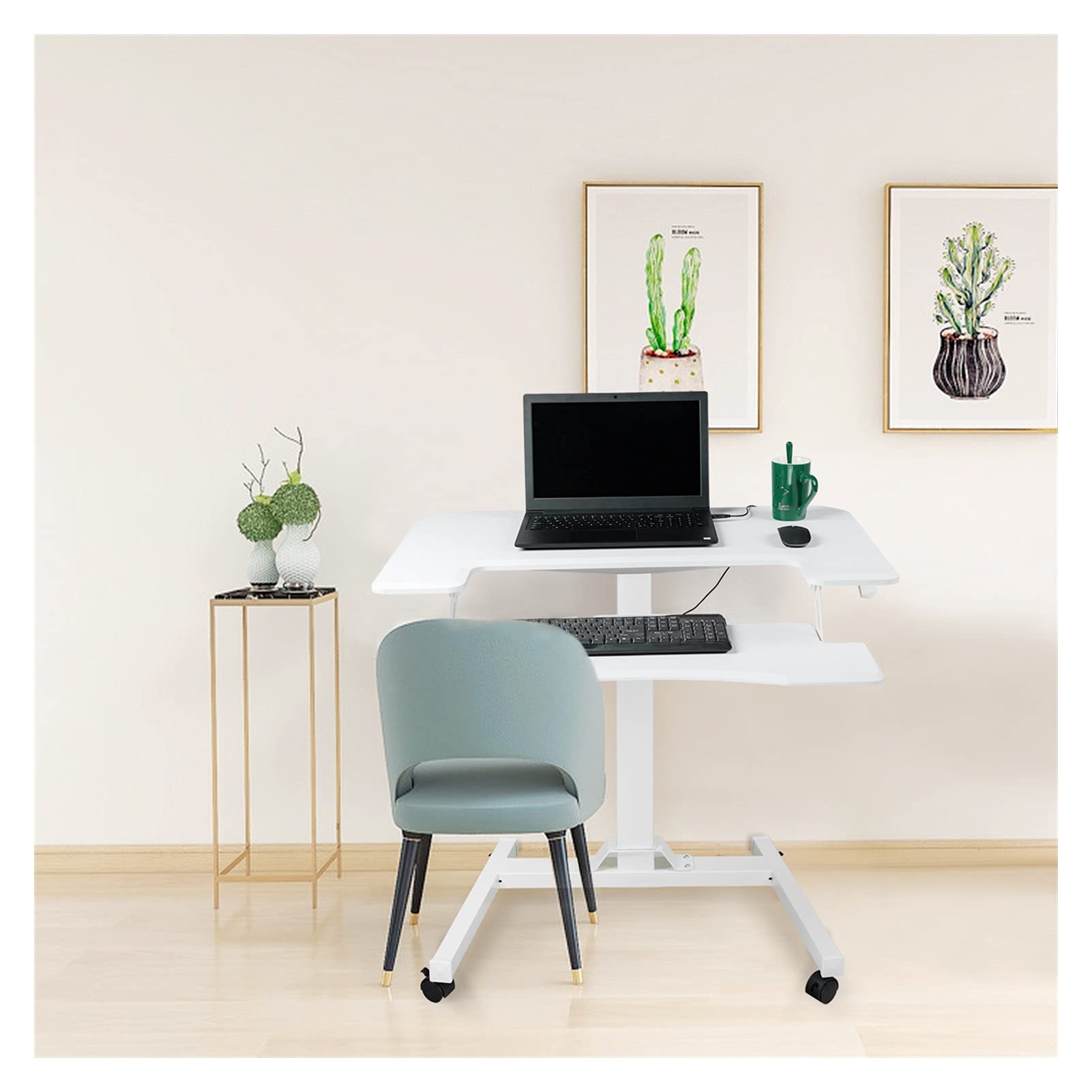 WHNB Adjustable Height Sit Stand Desk with Removable Keyboard Tray - Ergonomic Mobile Workstation for Home Office, Over Bed & Sofa Use - Lockable Wheels, White (Ideal for Remote Work, Gaming & Study)