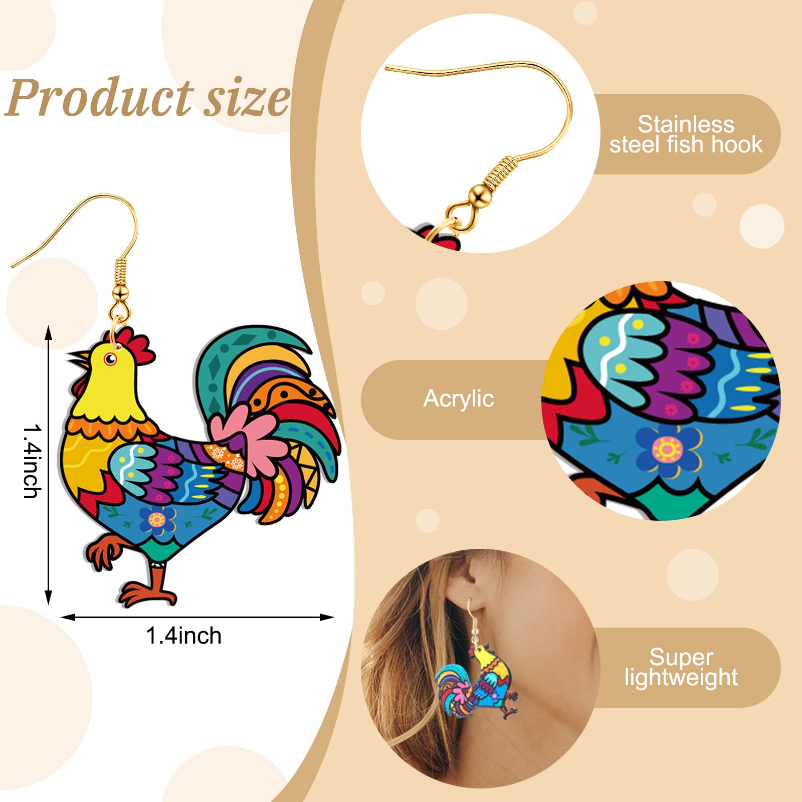 Nosiny 8 Pairs Acrylic Hen Chicken Earrings - Funny Animal Rooster Drop Dangle Earrings for Women, Cute Farm Chicken Jewelry Gift for Ladies | Perfect for Farm-Themed Parties, Country Fashion, and Funny Gift Giving