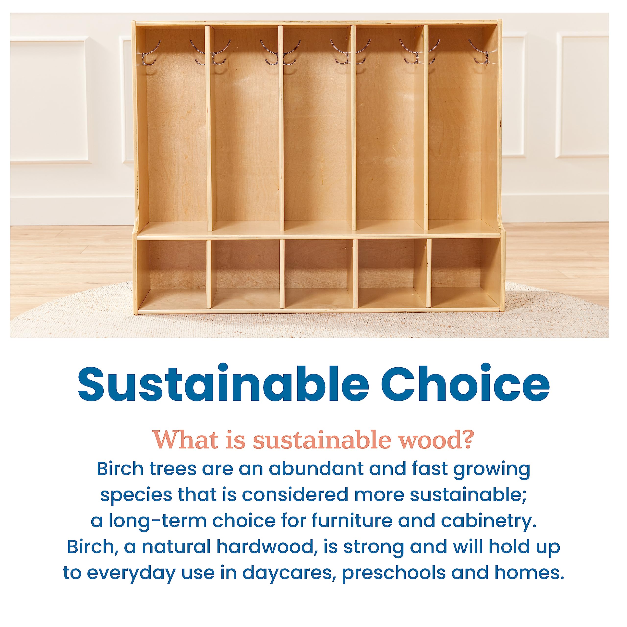 ECR4Kids 5-Section Toddler Coat Locker with Bench - Natural Wood Classroom Storage Furniture for Daycare, Preschool & Kindergarten Organization