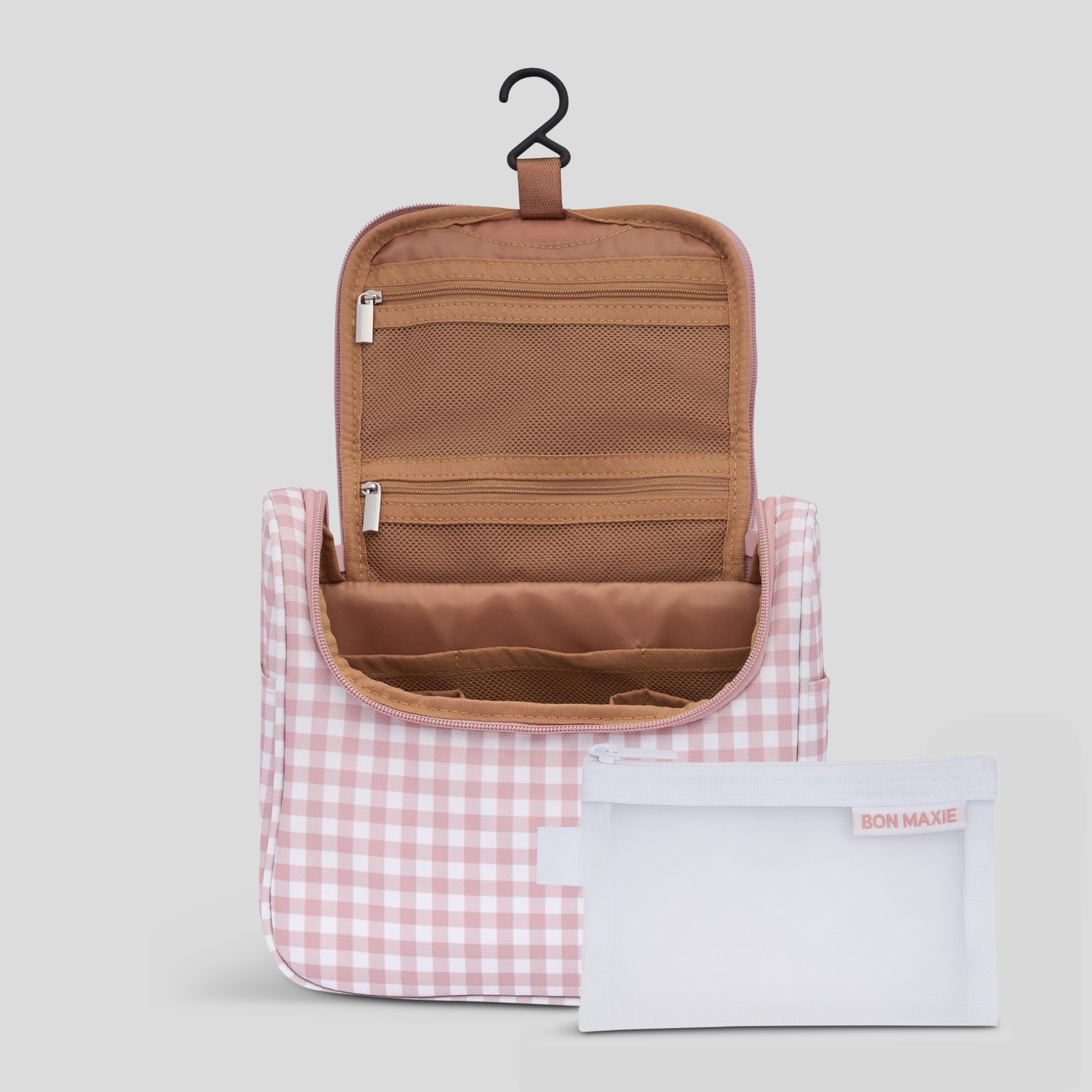 Bon Voyage Travel Toiletry Bag - Waterproof Hanging Cosmetic Organizer with Milk Tea Gingham Pattern | Perfect for Vacation, Business Trips & Gym Essentials