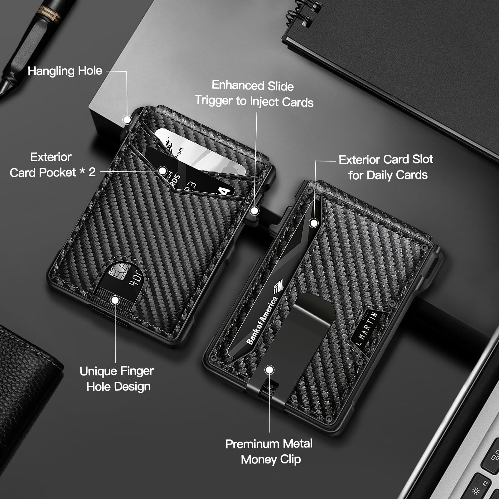 Slim RFID Blocking Leather Wallet for Men - Carbon Fiber Black Bifold Credit Card Holder with Money Clip & ID Window | Minimalist Design, Gift Box Included | Perfect for Everyday Carry, Travel & Business Use