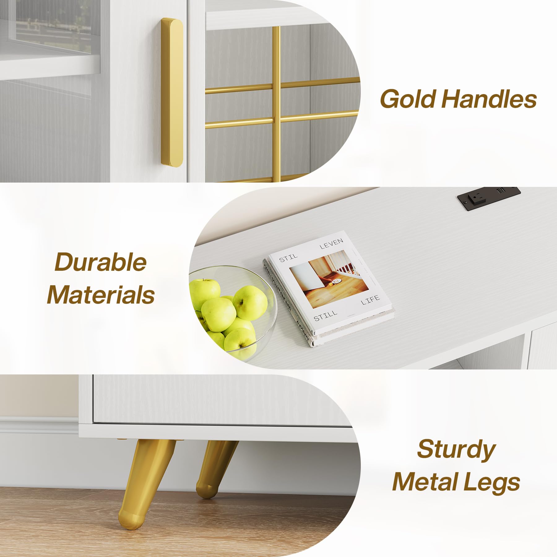 Modern LED Wine Bar Cabinet with Power Outlet - Coffee & Liquor Storage with Built-in Wine Rack & Glass Holder - White Buffet Sideboard for Dining Room, Living Room, Kitchen - Perfect for Home Entertaining & Stylish Storage