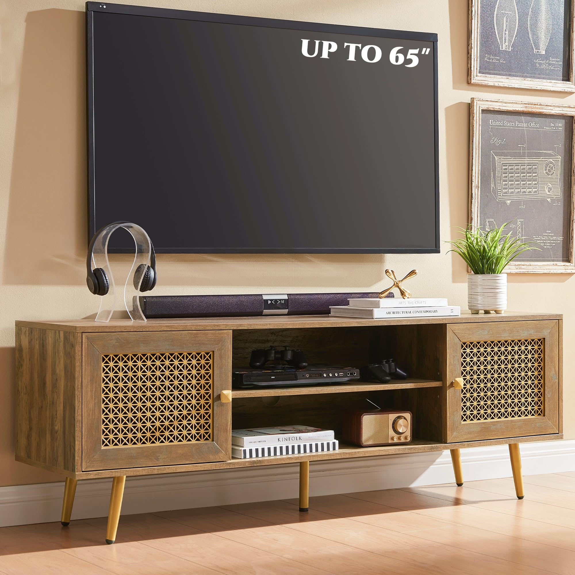 Mid Century Modern TV Stand with Metal Mesh Doors & Open Shelf for 65
