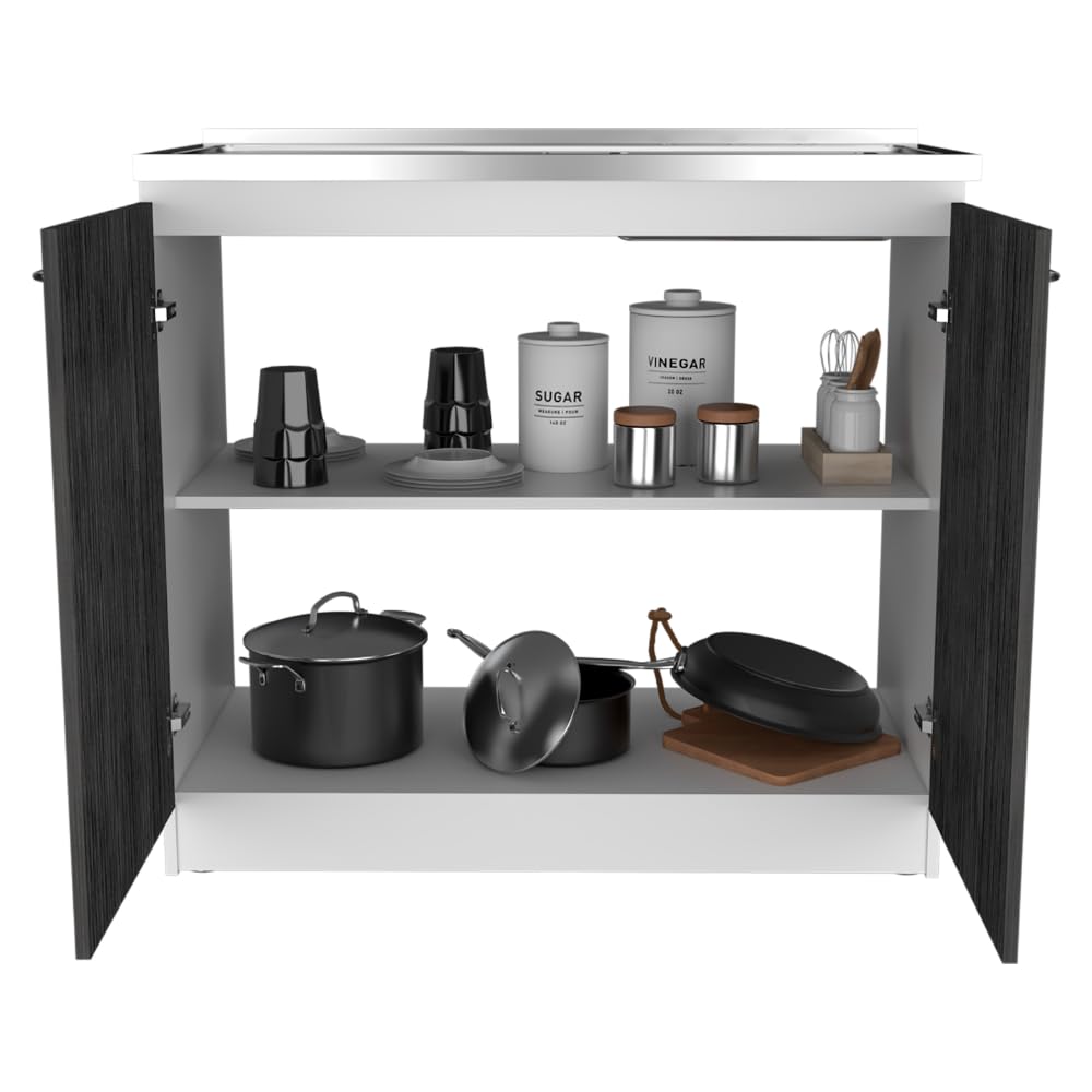 Tuhome Napoles Utility Sink with Cabinet - White/Smokey Oak Double Door Bathroom Vanity with Shelf for Laundry Room, Basement & Garage Storage