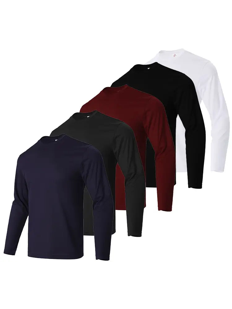 5 Pack Men's Long Sleeve T-Shirts - Soft Cotton Crew Neck Casual Shirts for Everyday Wear | Office, Gym, Travel & Outdoor Activities