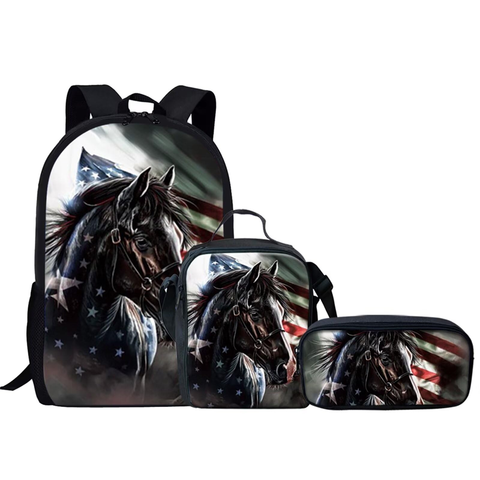 Patriotic American Flag Horse Backpack for Teen Girls - 3-in-1 School Set with Lunch Box & Pencil Case | Durable Bookbag for High School, College, Travel & Outdoor Activities