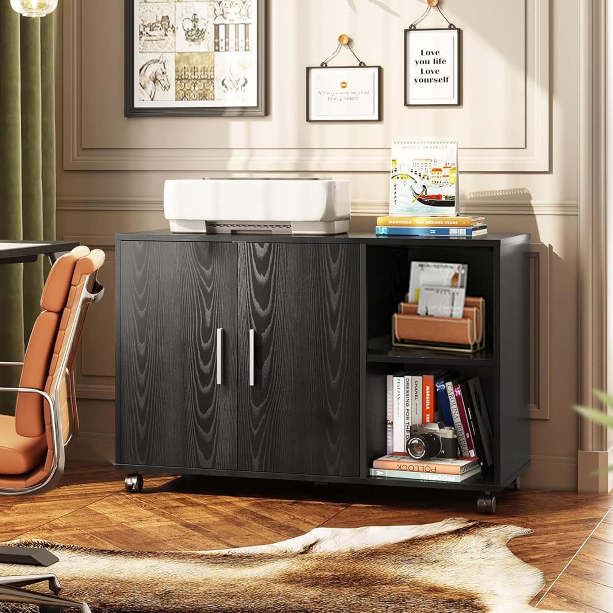 DEVAISE Office Storage Cabinet with Doors & Shelves - Lateral File Organizer for Printer, Supplies & Documents - Black Home Office Furniture for Workspace Organization