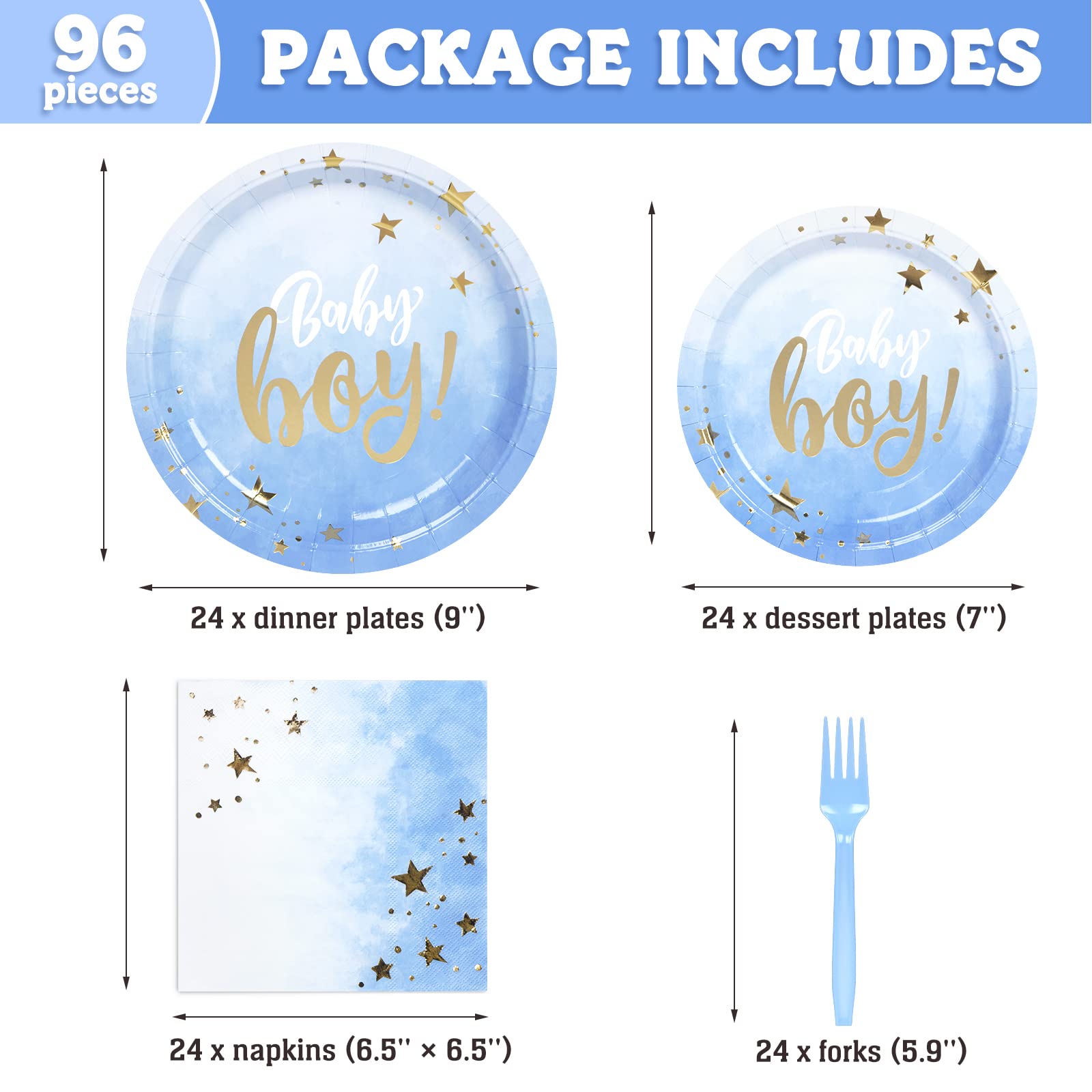 DECORLIFE Baby Shower Plates and Napkins Set for Boys - 24 Blue Themed Plates, Forks Included (96 Pieces Total) - Perfect for Baby Showers, Birthday Parties & Gender Reveal Celebrations