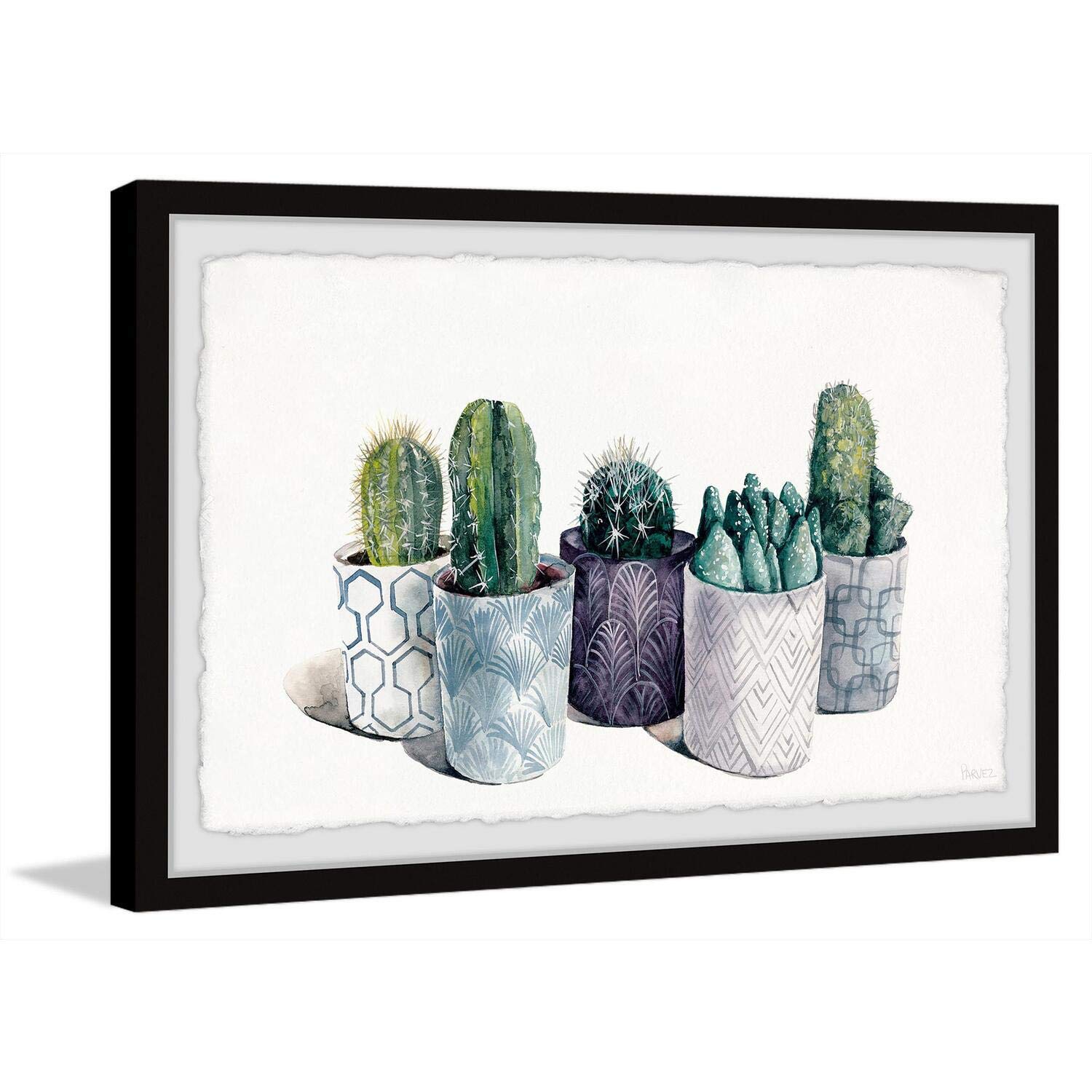 Parvez Taj Indigo Cactus Pots Framed Wall Art Print - 36x24 Inches Southwestern Decor for Living Room, Bedroom & Office