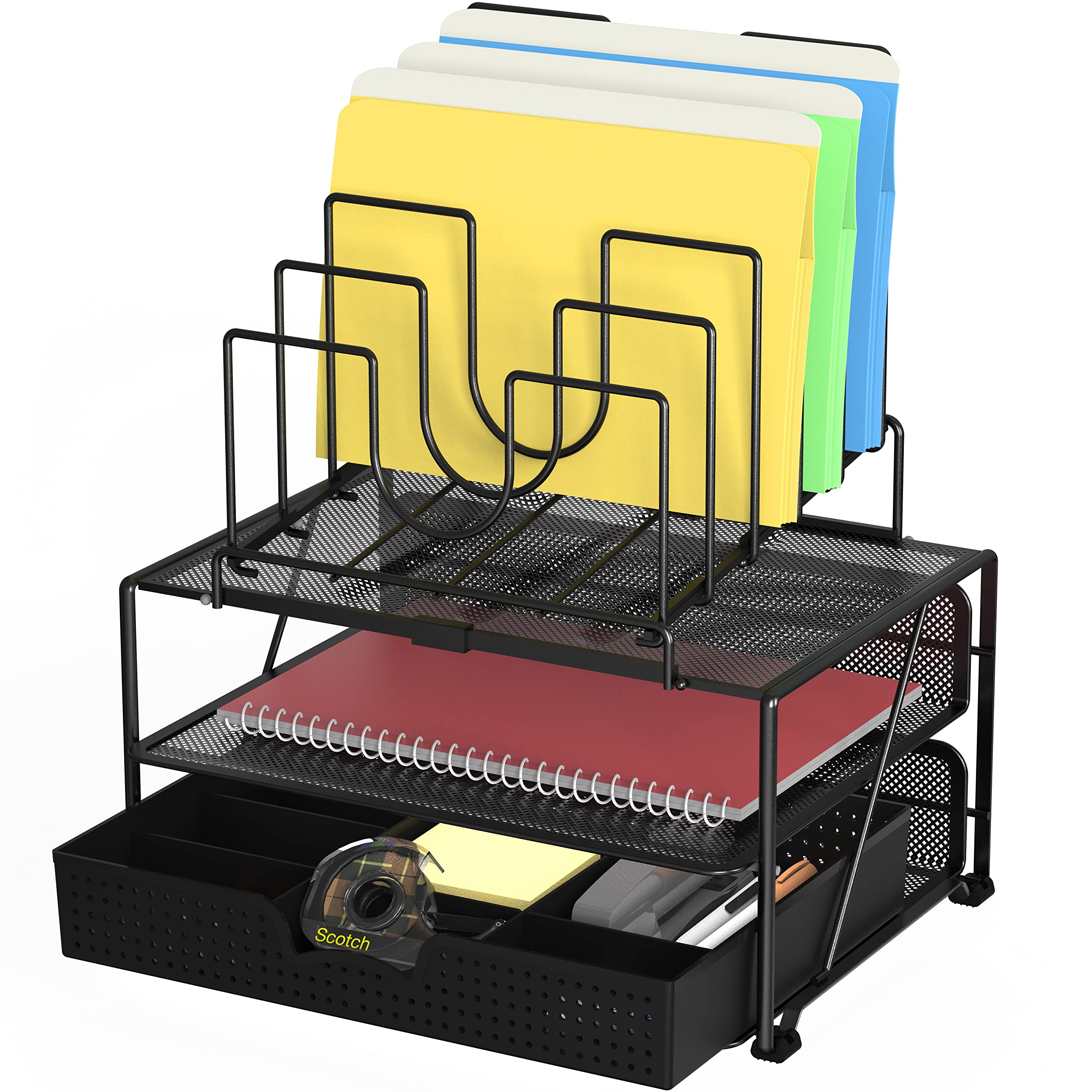 Deco Brothers Black Desktop File Organizer with Double Tray & 5 Folder Stand - Office Document Organizer for Desk, Home Office, and Workspace Organization