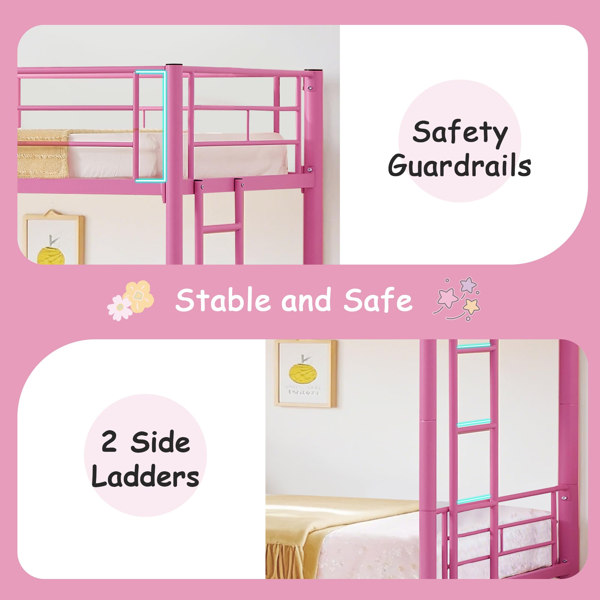 VECELO Twin Over Twin Metal Bunk Bed with Built-in Ladder & Safety Guardrail - Heavy Duty Space Saving Bunk Bed for Kids, Teens & Adults - No Box Spring Needed - Pink - Perfect for Small Bedrooms, Dorms & Guest Rooms
