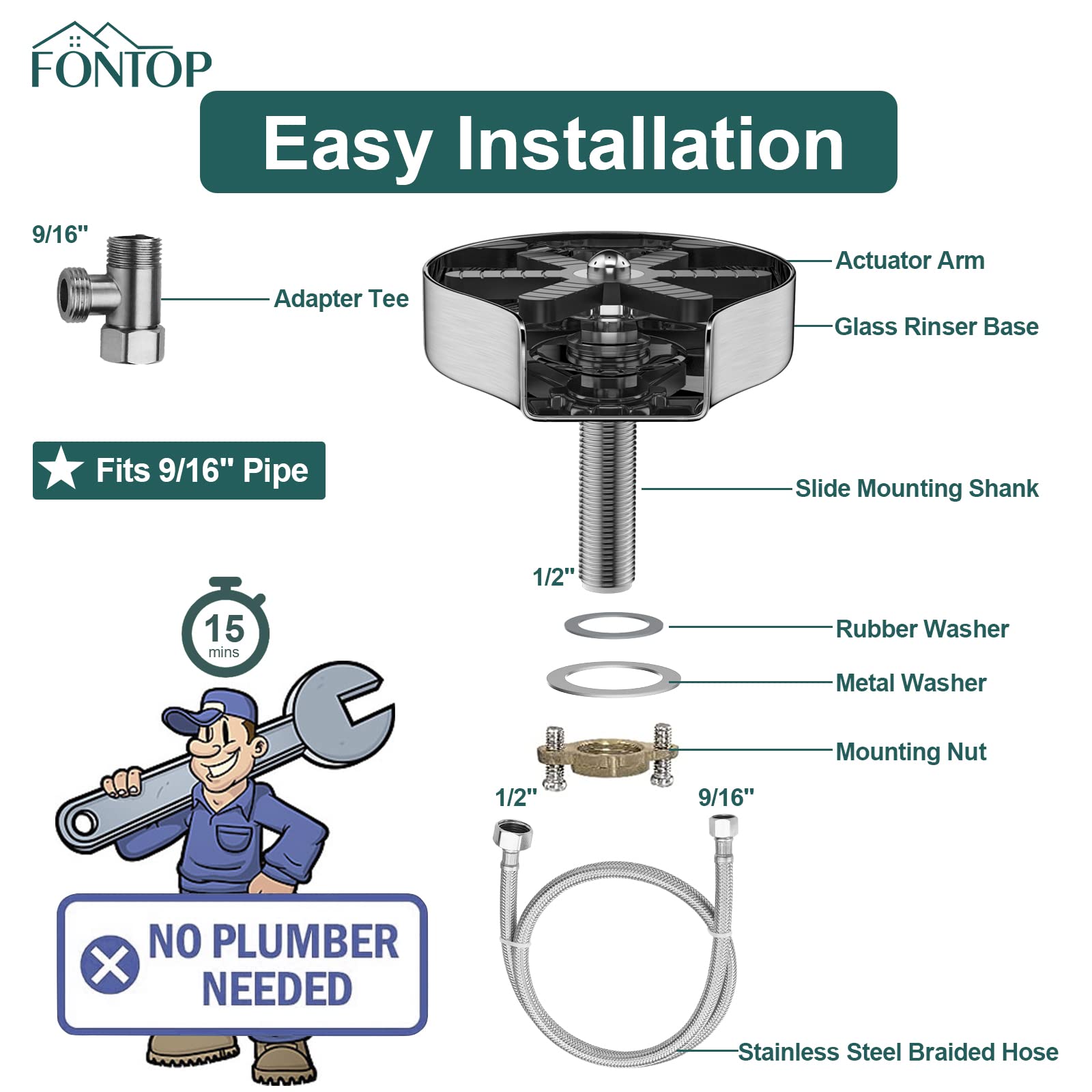 FONTOP 360° Rotating Jet Glass Rinser & Cup Washer - Stainless Steel Sink Faucet Attachment for Home Kitchen & Bar Countertop (Brushed Nickel) - Perfect for Cleaning Wine Glasses, Baby Bottles & Kitchenware