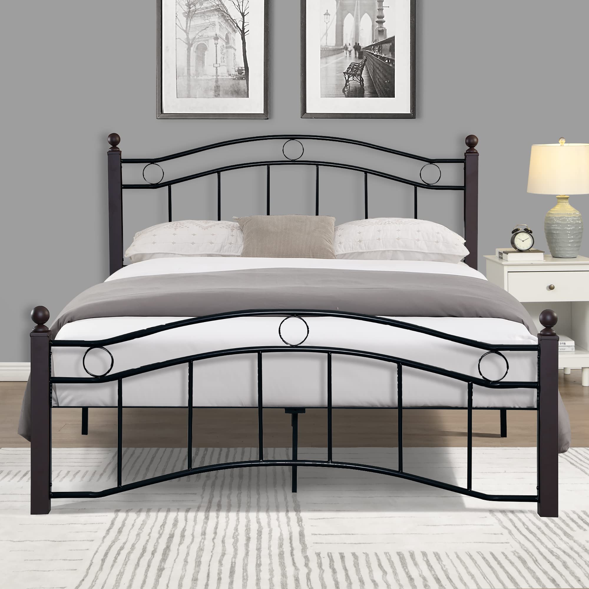 Queen Size Platform Bed Frame with Vintage Headboard - 14 Inch Metal Mattress Foundation for Storage, No Box Spring Needed, Easy Assembly - Modern Black Bedroom Furniture for Master Bedroom, Guest Room & Dorm