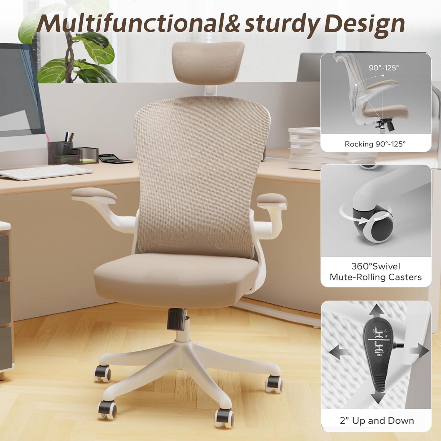 Ergonomic Office Chair with Lumbar Support & Thickened Cushion - Adjustable Headrest & Flip-Up Armrests - Rolling Desk Chair for Home & Office - Perfect for Long Work Hours & Gaming Sessions (Khaki)