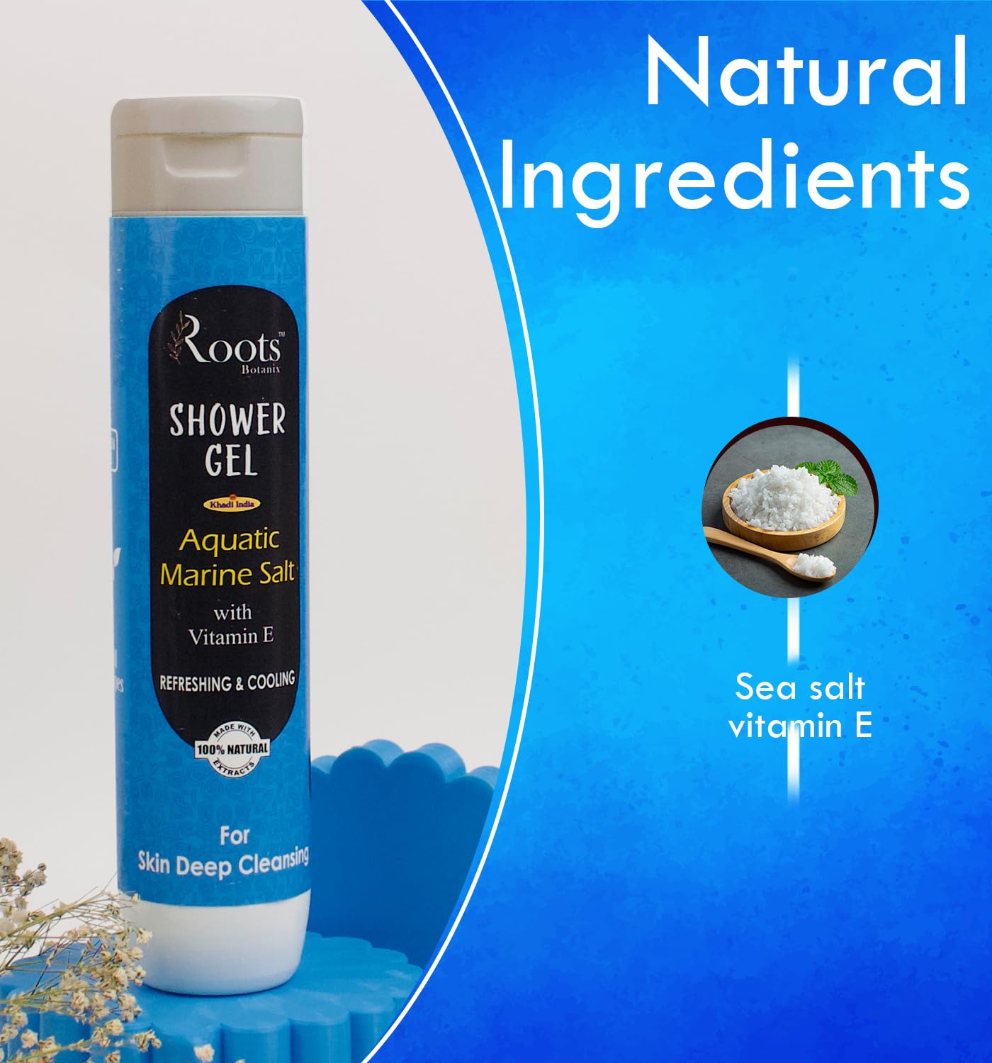 Roots Botanix Vitamin E Marine Salt Bath & Shower Gel - Hydrating Body Wash with Aquatic Freshness - 400ml for Relaxing Spa & Post-Workout Refreshment