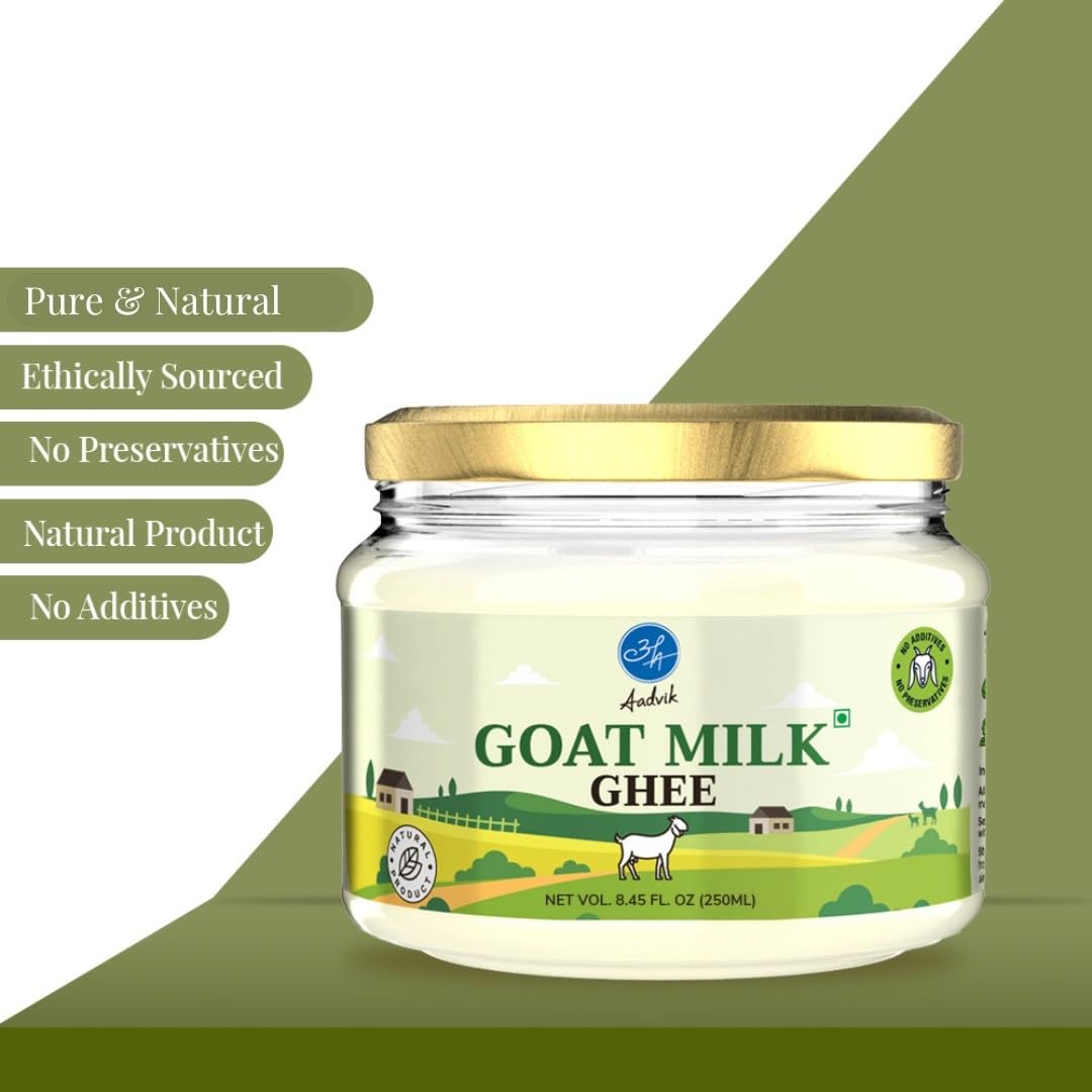 Aadvik Pure Goat Milk Ghee - Ayurvedic Clarified Butter from Pasture-Grazed Goats | 100% Natural, No Preservatives | 8.45 Fl Oz for Cooking, Baking & Healthy Lifestyle