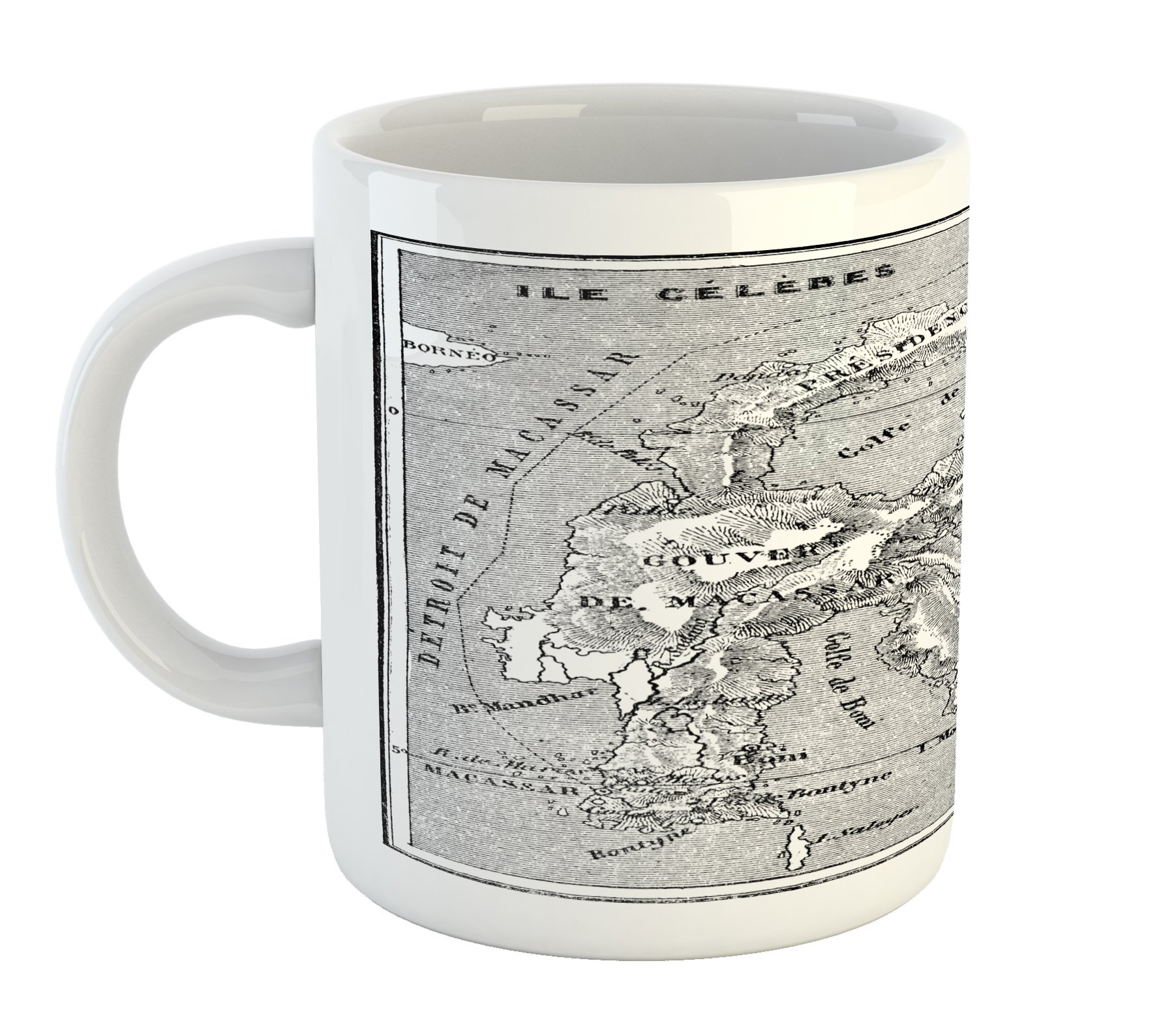 Vintage French Map Ceramic Coffee Mug - Ambesonne Sulawesi Island Travel Design, Black & White Printed Tea Cup for Home & Office Use | Perfect Gift for Travel Lovers & Map Enthusiasts