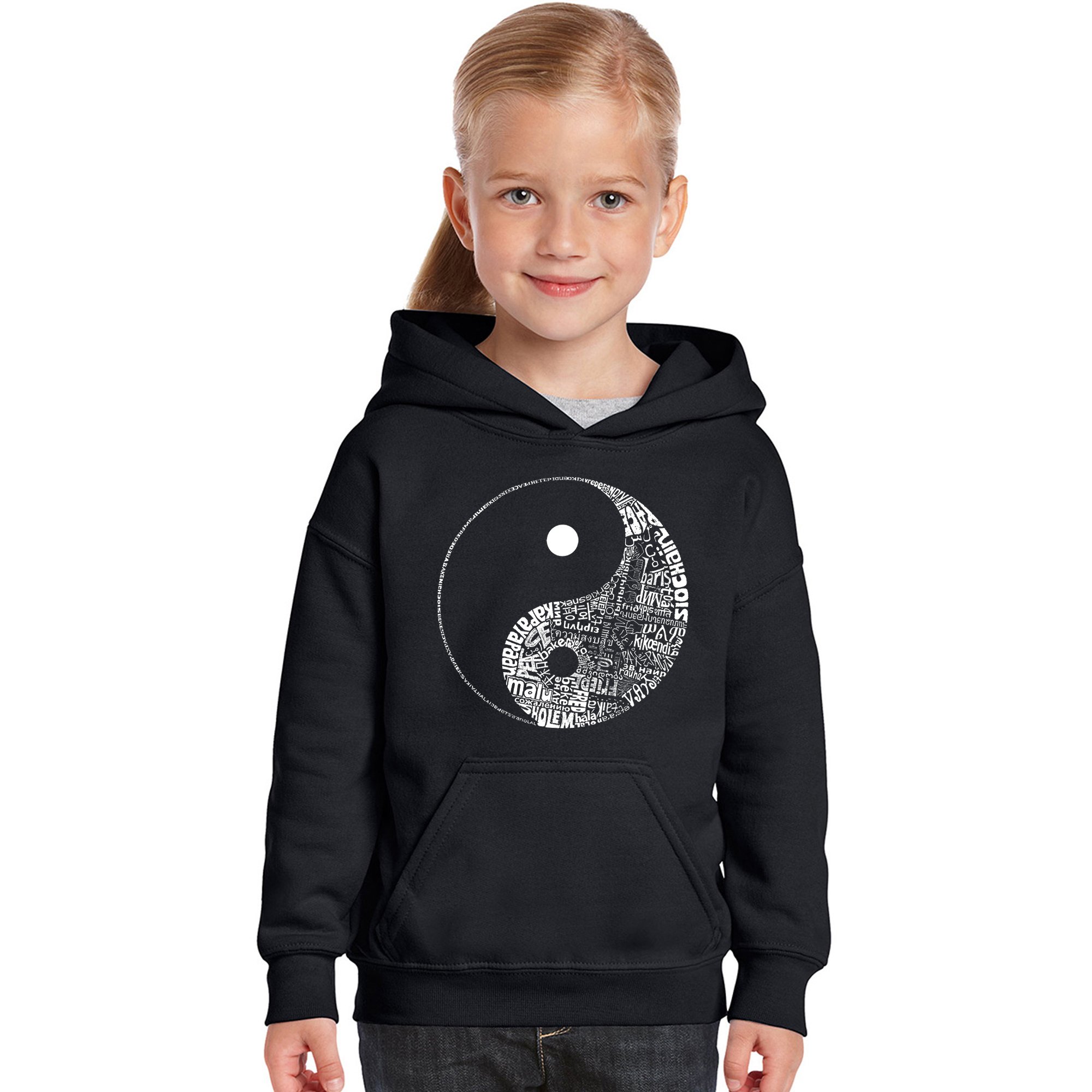 LA POP ART Girls' Word Art Hooded Sweatshirt - Yin Yang Design | Trendy Unisex Pullover for Streetwear & Casual Outfits