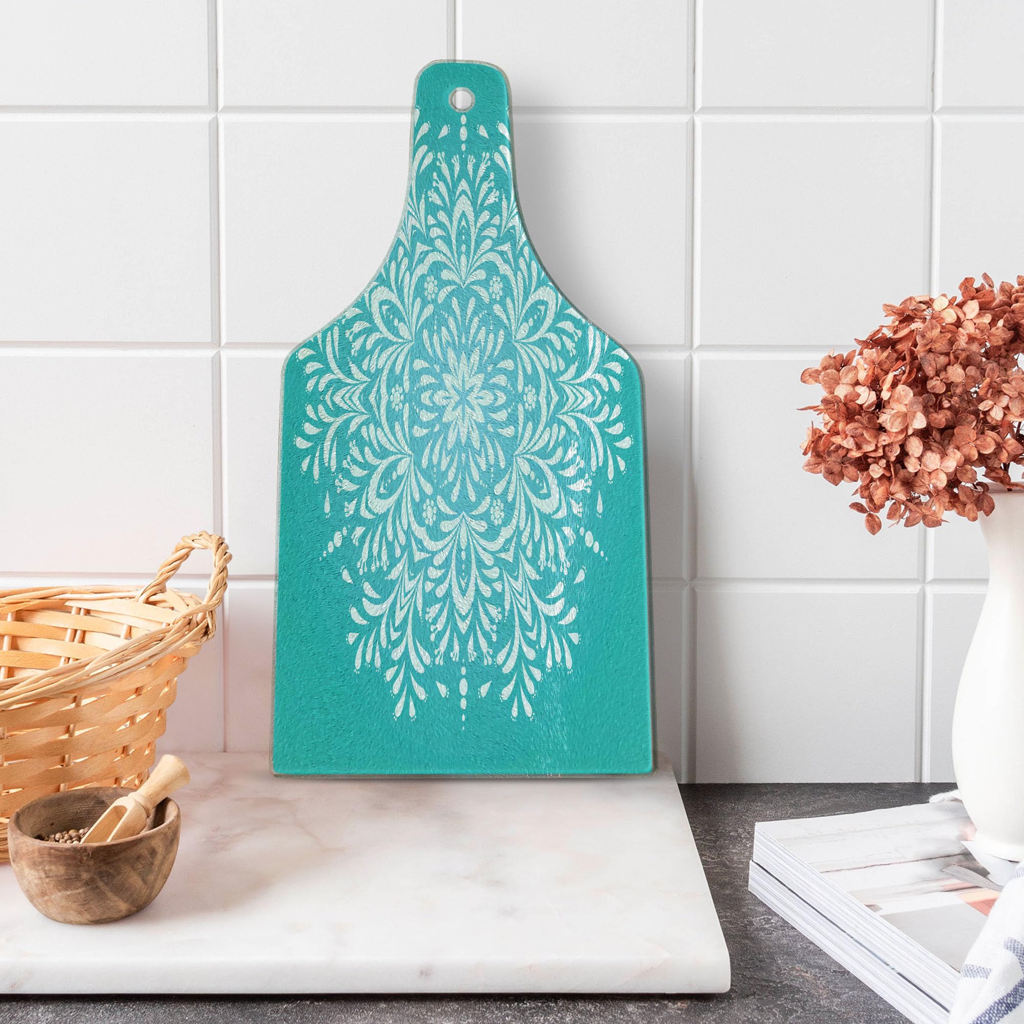 Ambesonne Blue Tempered Glass Cutting Board - Snowflake Mandala Winter Themed Art Print - Decorative Serving Board with Eastern Floral Leaves Design - Wine Bottle Shape in Sky Blue & White - Perfect for Holiday Entertaining, Cheese Platters & Wine Pairings
