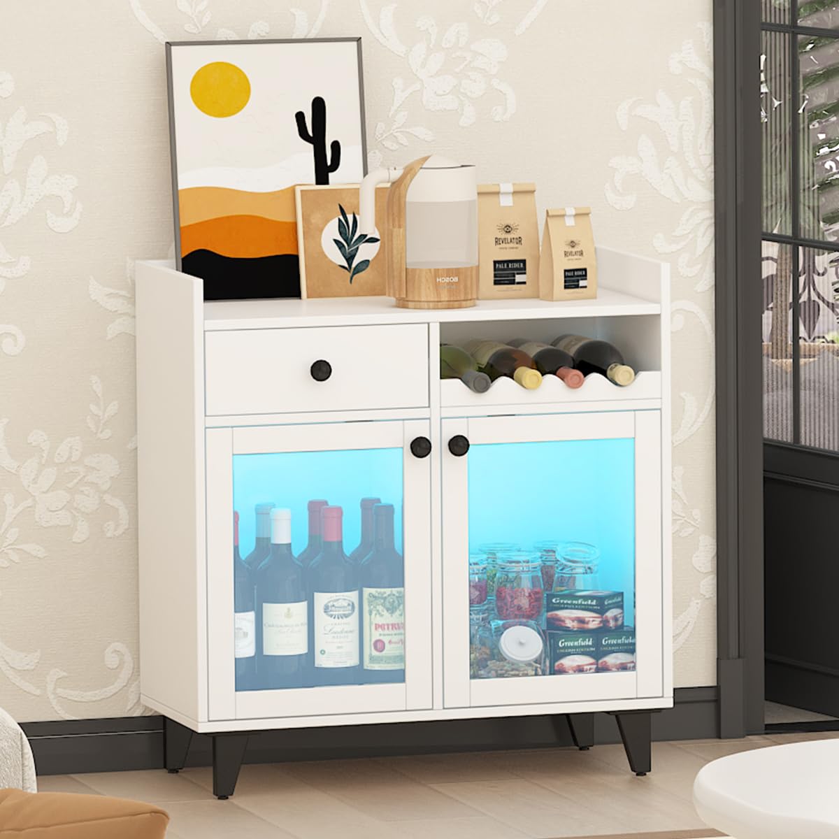 Modern White Wine Liquor Cabinet with LED Lights - Small Coffee Bar Cabinet with Glass Door & Wavy Wine Rack - Farmhouse Buffet Sideboard Storage for Kitchen, Dining Room, Bar & Home Decor