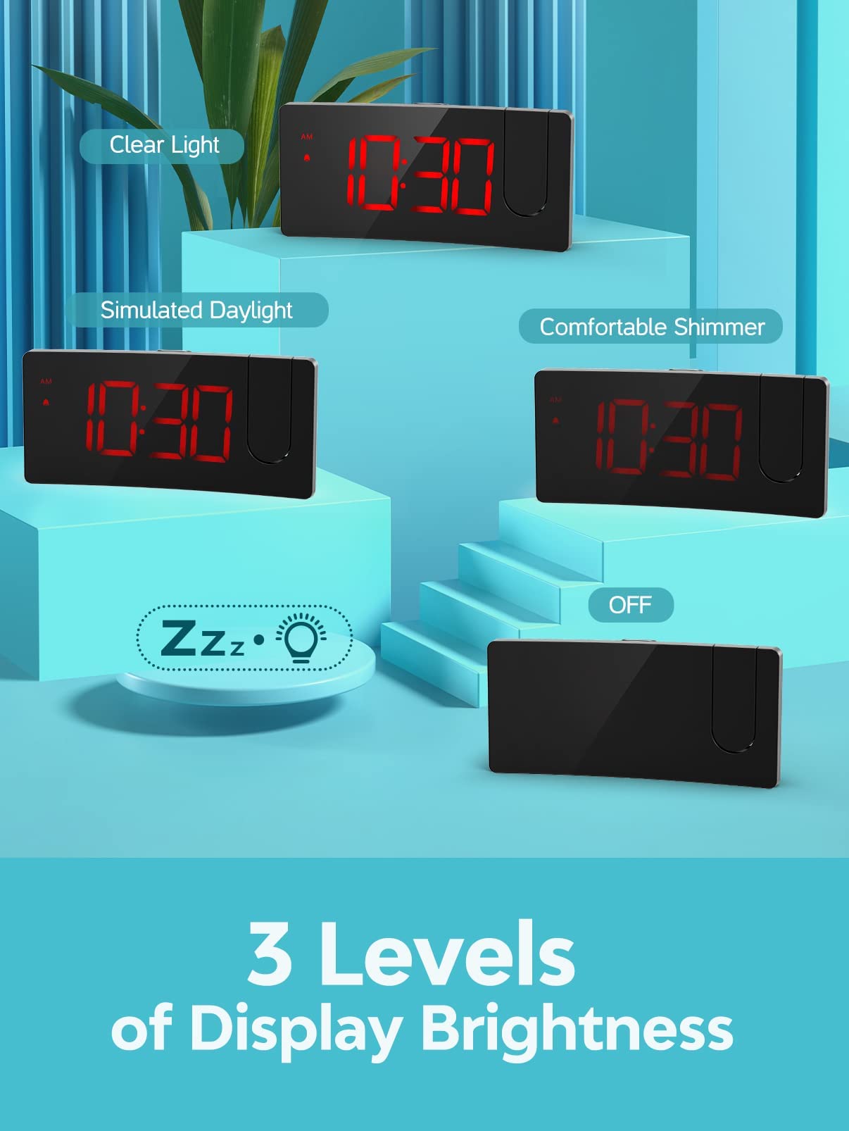 Smart Projection Alarm Clock with USB Charging Port - 5'' LED Curved Screen, 180° Rotation, 4 Dimmer Modes, Snooze Function - Perfect for Bedroom, Desk Decor & Teen Rooms (12/24H Digital Display)