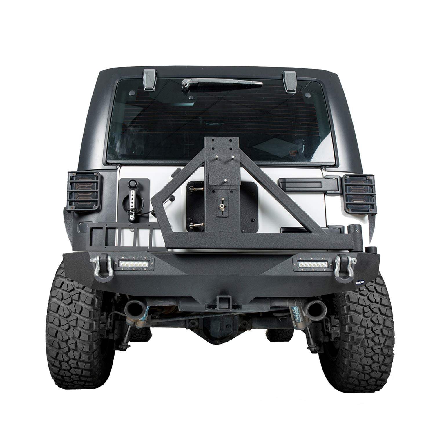 Jeep Wrangler JK Rear Bumper with Tire Carrier, Hitch Receiver & 2x 18W LED Floodlights - Compatible with 2007-2018 JK & Unlimited Models | Off-Road Adventure, Camping & Trail Riding Accessory