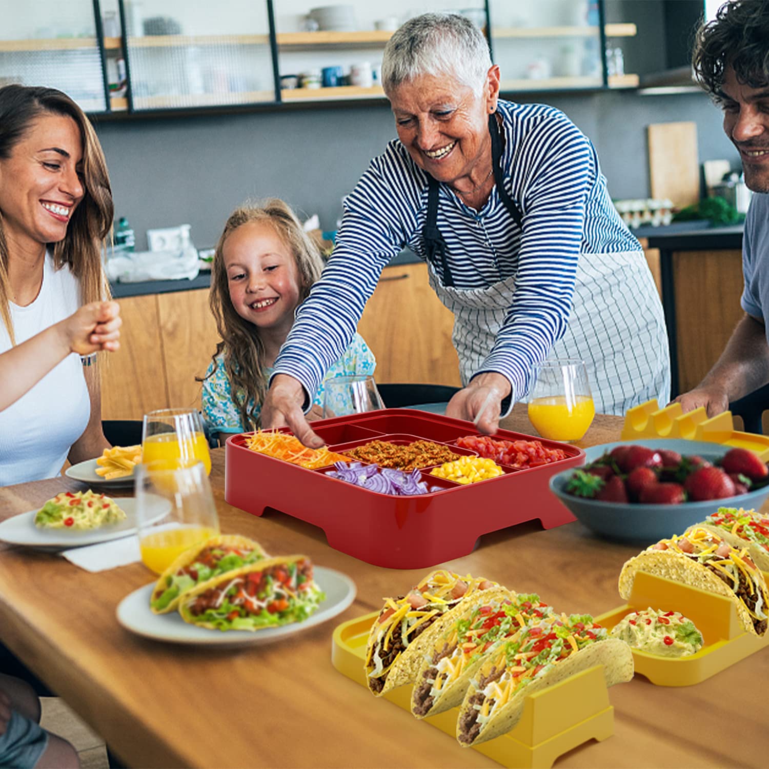 Taco Holder Stand Set - 4 Pack Stackable Taco Holders for Nachos & Tortillas | Perfect for Taco Tuesday Parties & Family Taco Nights | Durable Taco Bar Serving Platter for Entertaining & Gatherings