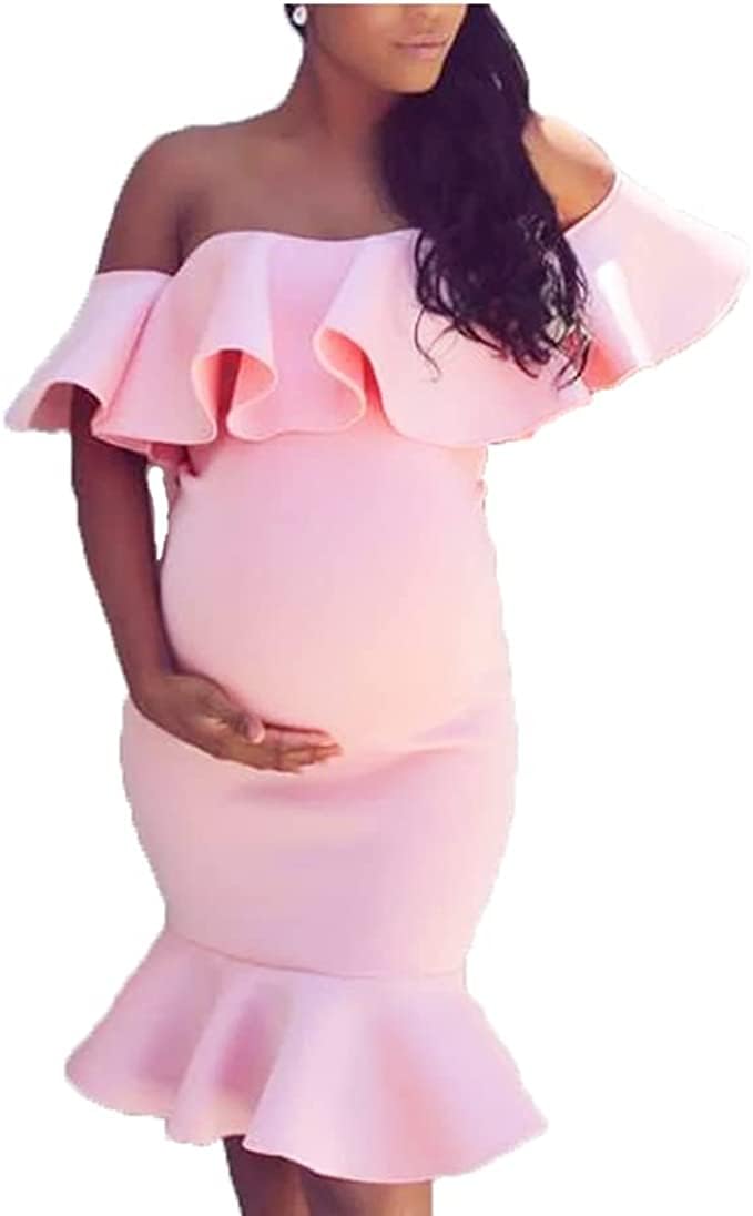 Elegant Off The Shoulder Maternity Dress for Baby Shower - Summer Bodycon Mermaid Midi Dress with Ruffle Short Sleeves for Women | Perfect for Pregnancy Photos, Bridal Showers & Special Occasions