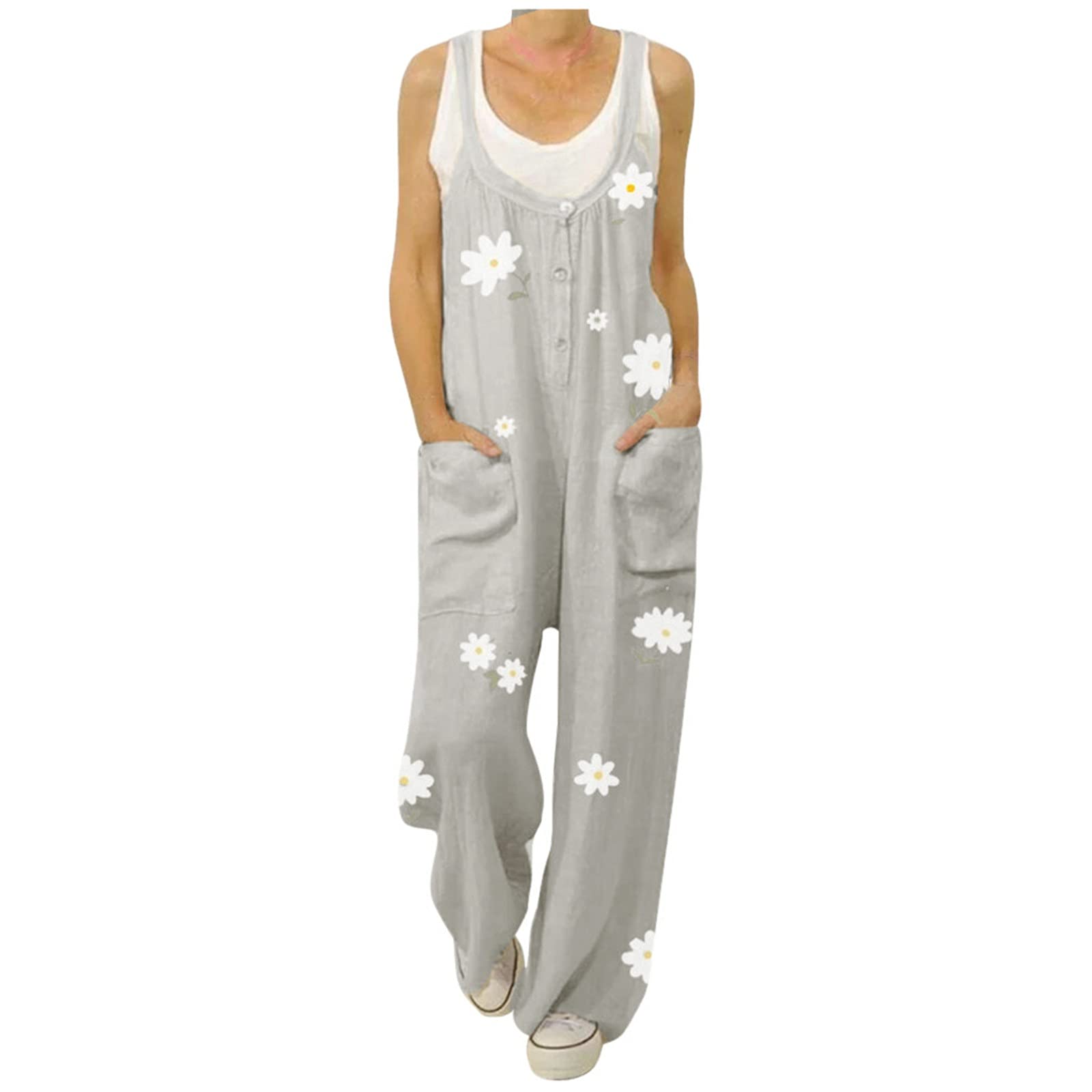 Women's Floral Print Casual Jumpsuit with O-Neck, Long Straps & Pockets - Stylish Romper Playsuit for Summer Outings, Beach Vacations & Everyday Wear