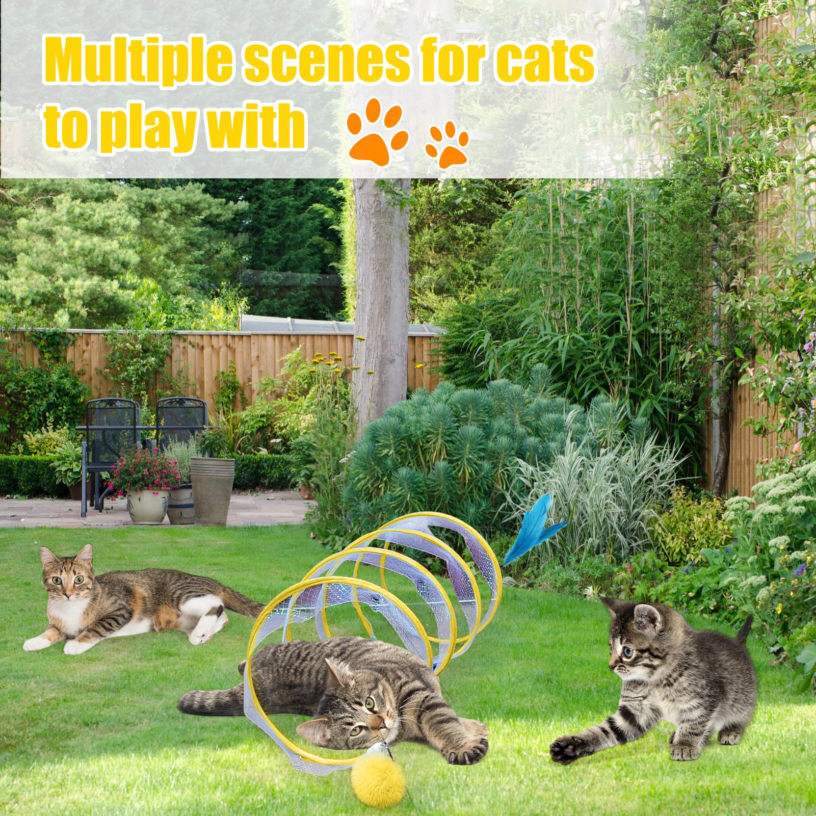 Foldable S-Shaped Cat Tunnel Toy for Indoor Cats - Interactive Play with Ribbon, Bell, Feather & Pom Pom Balls - Stress Relief & Exercise for Kittens - Perfect for Playtime, Training & Bonding (Yellow)
