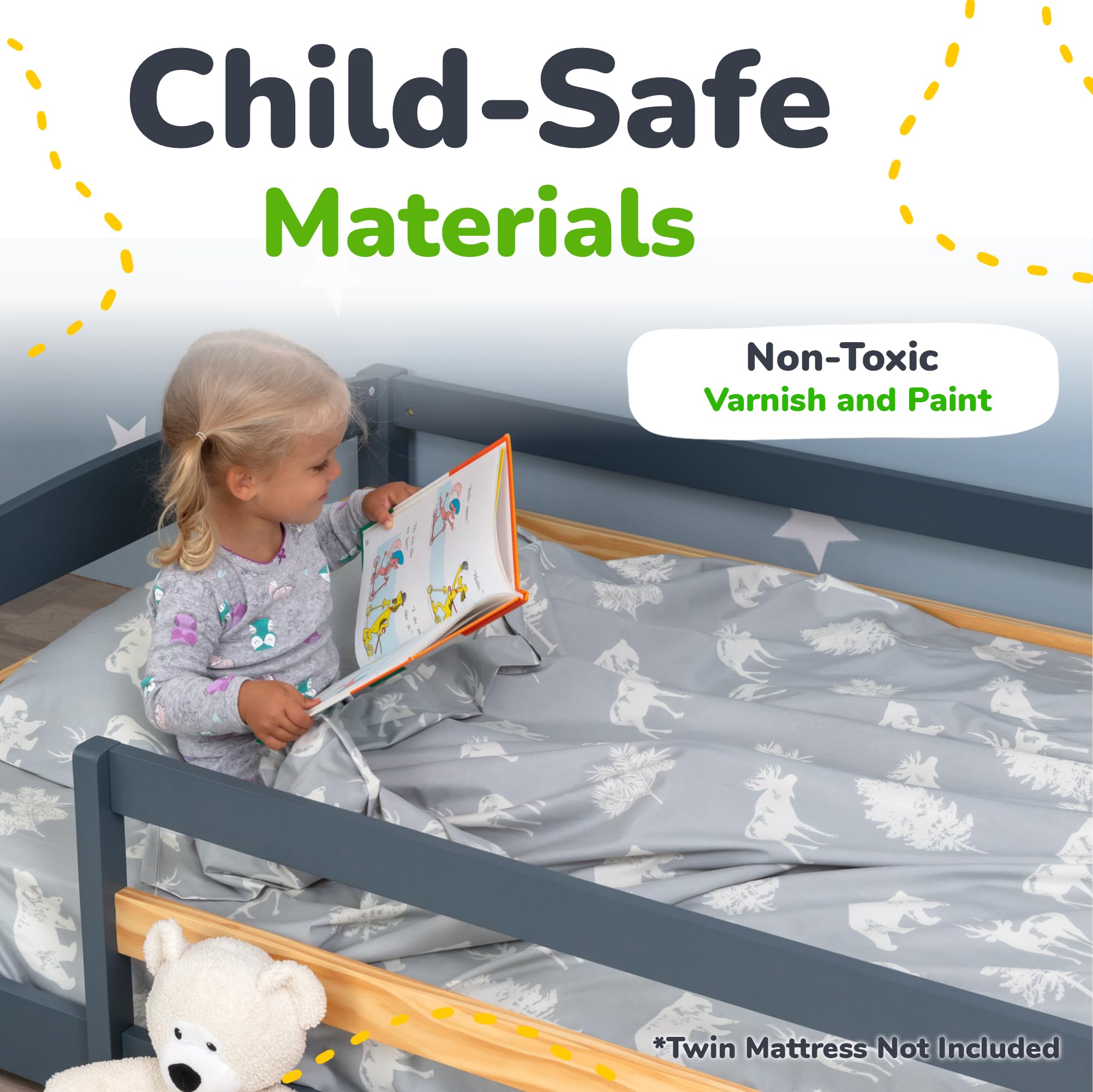 Montessori Twin Floor Bed with Safety Guardrails for Kids - Gray Twin Size Bed Frame for Girls & Boys | Perfect for Toddler Rooms, Daycare & Montessori Classrooms