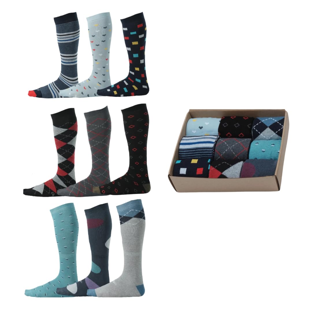 **Pierre Henry Men's Over the Calf Dress Socks (9 Pairs) – Colorful & Funky Cotton Socks for Business, Casual & Formal Wear**