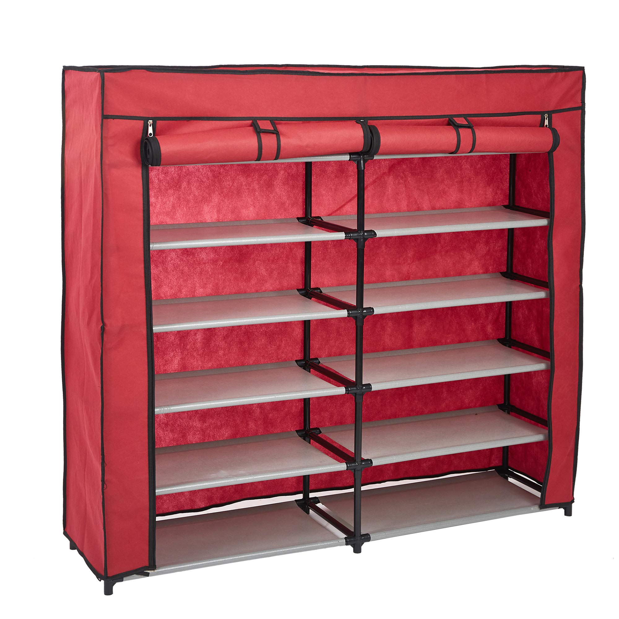 Double Row 7-Tier Adjustable Shoe Rack with Non-Woven Fabric Cover - Space Saving Closet Organizer for Shoes, Clothing & Accessories Storage - Perfect for Bedroom, Entryway or Walk-in Closet (Red)
