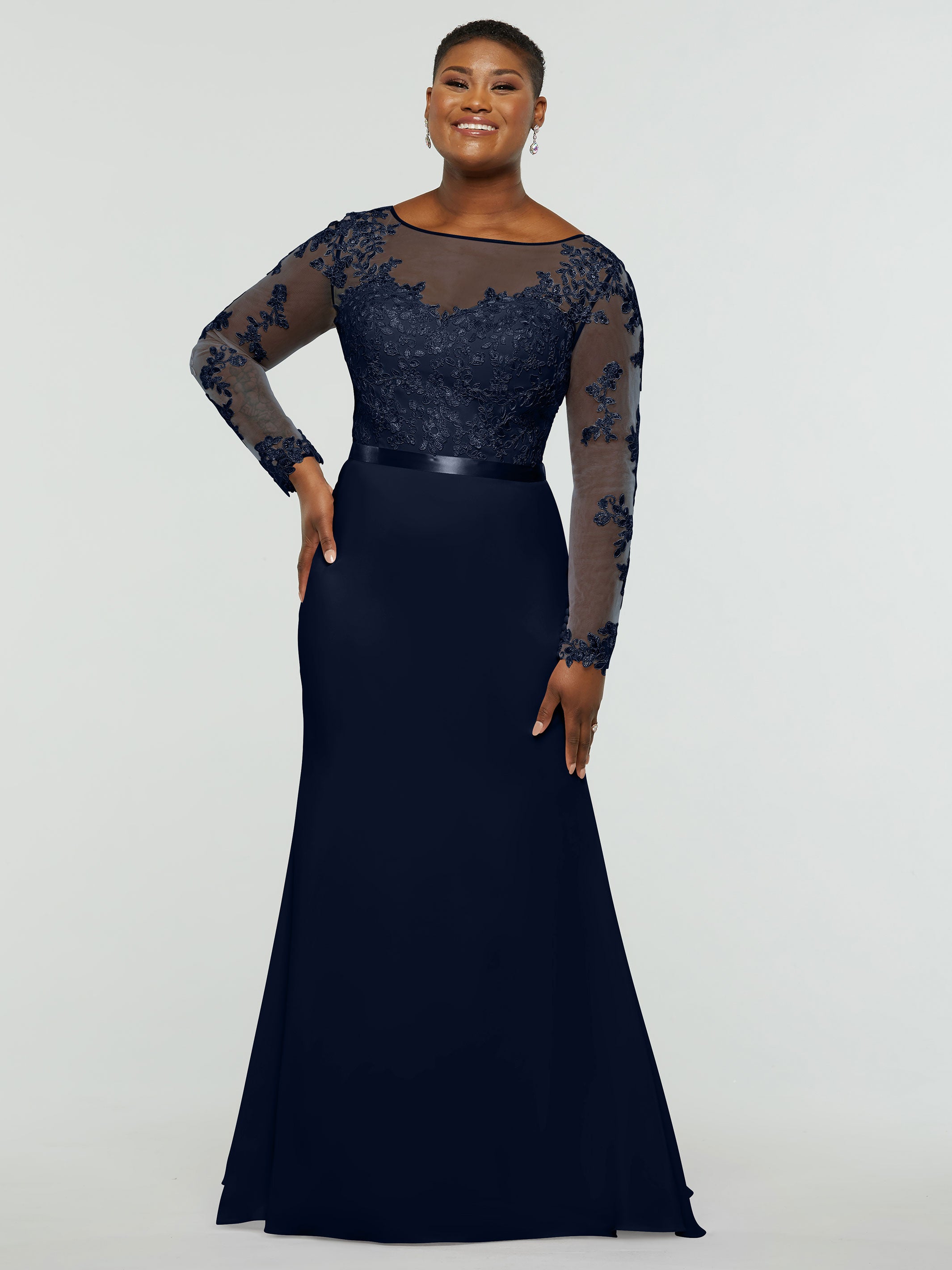 Elegant 80190 Chiffon & Lace Mermaid Bridesmaid Dress with Illusion Long Sleeves - Perfect for Weddings, Proms & Formal Events