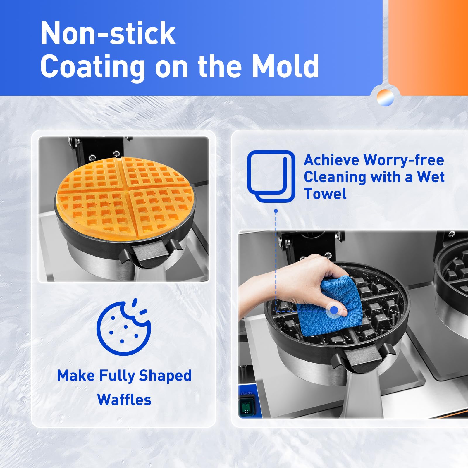 Commercial Dual-Head Rotating Non-Stick Belgian Waffle Maker - 2600W Stainless Steel Waffle Iron with Temperature & Time Control - Perfect for Restaurants, Bakeries, Cafes & Breakfast Buffets - 110V Commercial Waffle Machine for Fluffy Golden Waffles