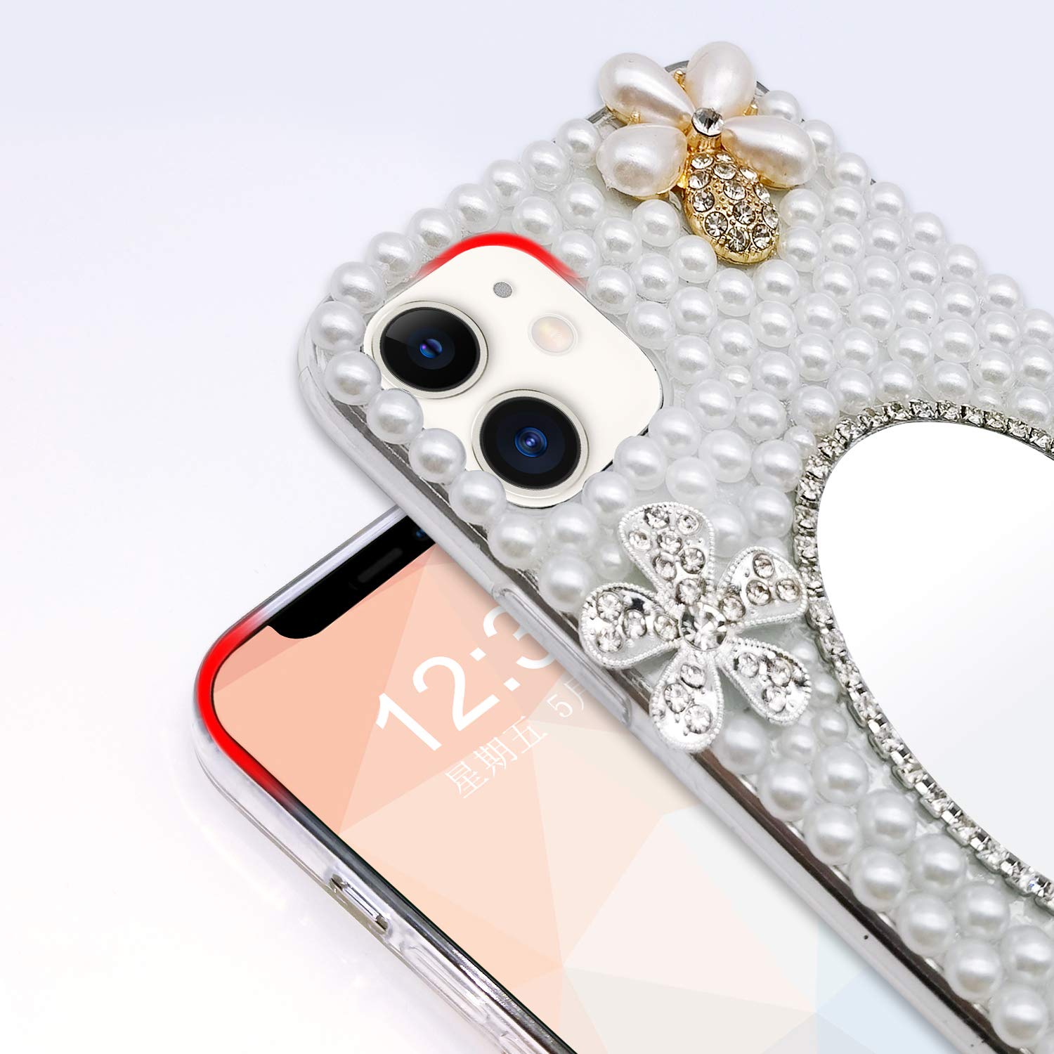 Sparkly Rhinestone Flower iPhone 12 Case for Women - Luxury Glitter Pearl Crystal Clear TPU Protective Phone Cover with Mirror Makeup Case | Perfect for Parties, Weddings & Everyday Glam Style