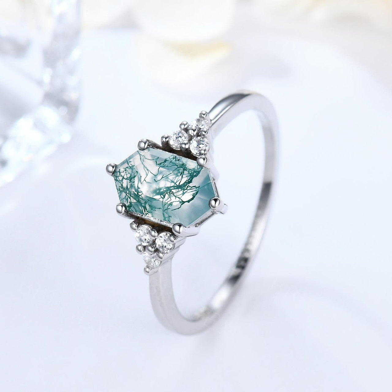 Long Hexagon Cut Moss Agate Engagement Ring with Cluster Diamond Accents - Green Crystal Elongated White Gold Wedding Band for Women | Perfect for Proposals, Anniversaries & Romantic Occasions