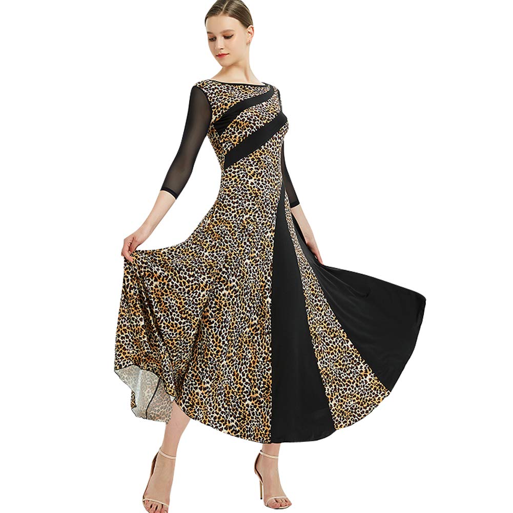 YUMEIREN Women's Leopard Print Ballroom Dance Dress Long Sleeve Smooth Fabric - Elegant Latin Salsa Tango Performance & Competition Outfit