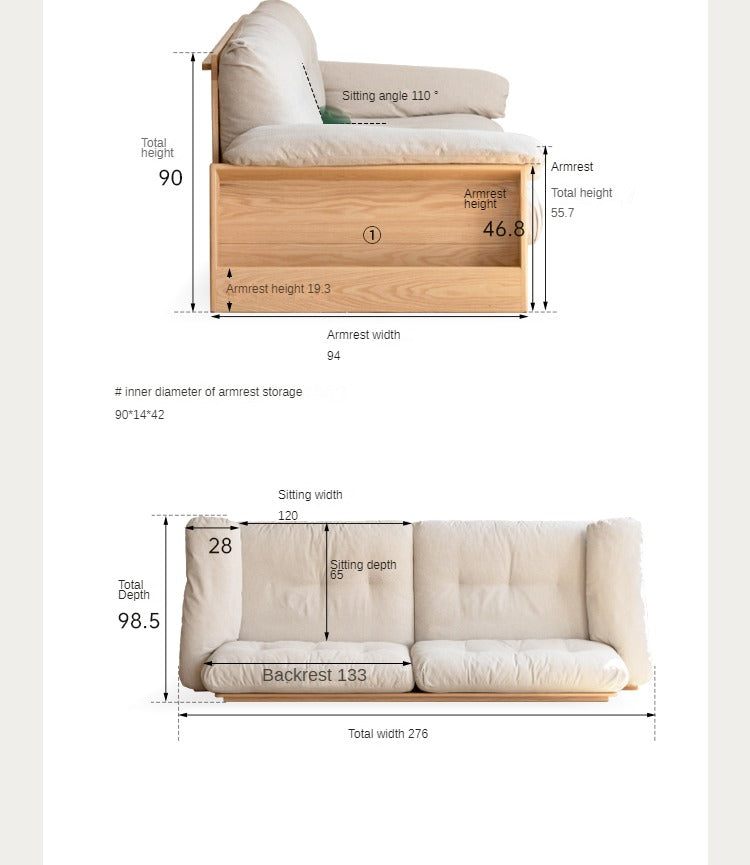 Modern Oak Solid Wood Storage Sofa Set - Log Style Combination Furniture for Living Room, Bedroom & Home Office