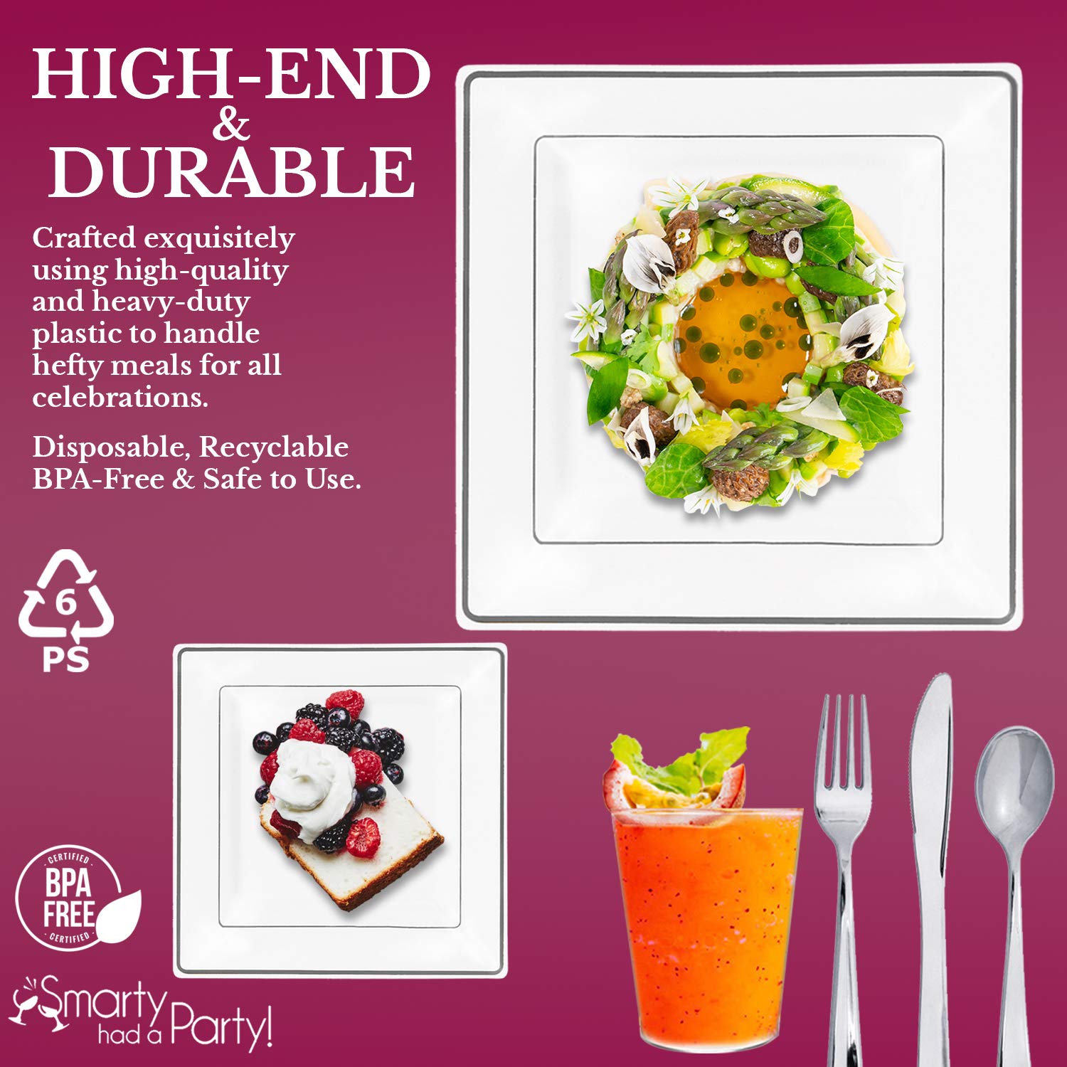 Premium Heavy-Duty Disposable Plastic Dinnerware Sets - Elegant Square Plates for Weddings, Birthdays & Special Events (White with Silver Trim, 120-Piece Wedding Value Pack) - Perfect for Catering, Parties & Large Gatherings