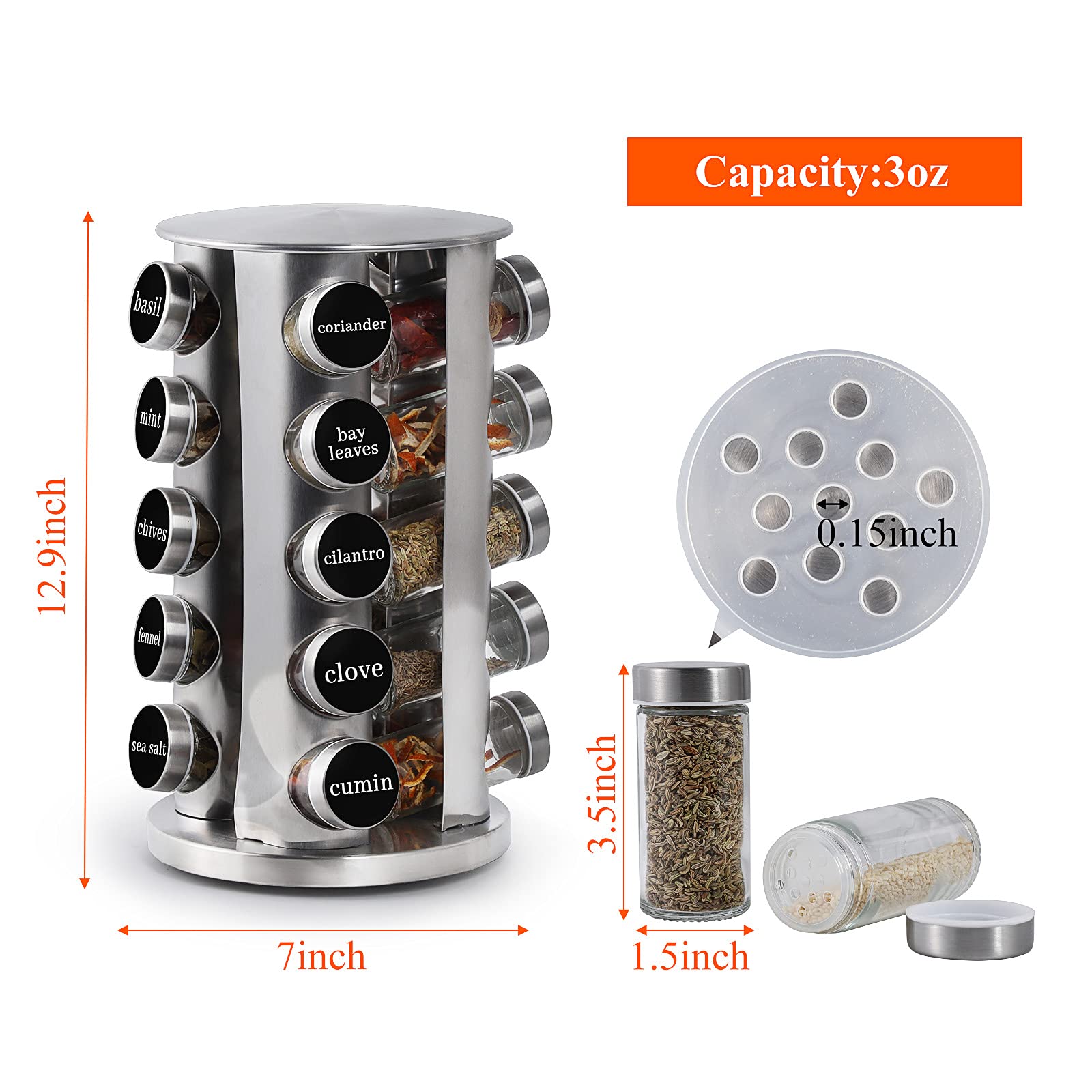 2-Tier Revolving Spice Rack Organizer with 20 Jars & Labels - 360° Rotating Stainless Steel Spice Carousel for Kitchen Countertop or Cabinet Storage - Perfect for Cooking, Baking & Organizing Spices