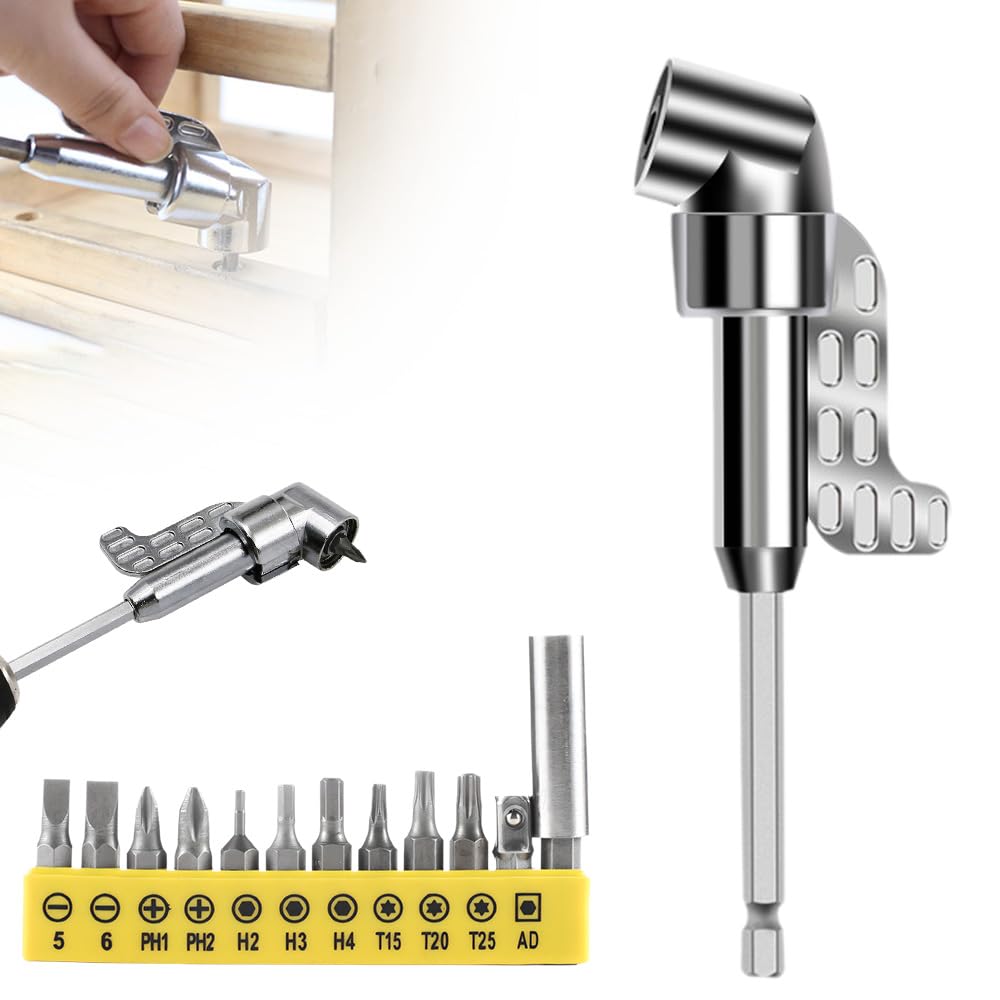 105 Degree Right Angle Drill Bit Holder - 2025 New Multi-Function Corner Screwdriver Hub with 12pc Bit Set | Angle Extension Kit for Tight Spaces & Household DIY Projects (Long)