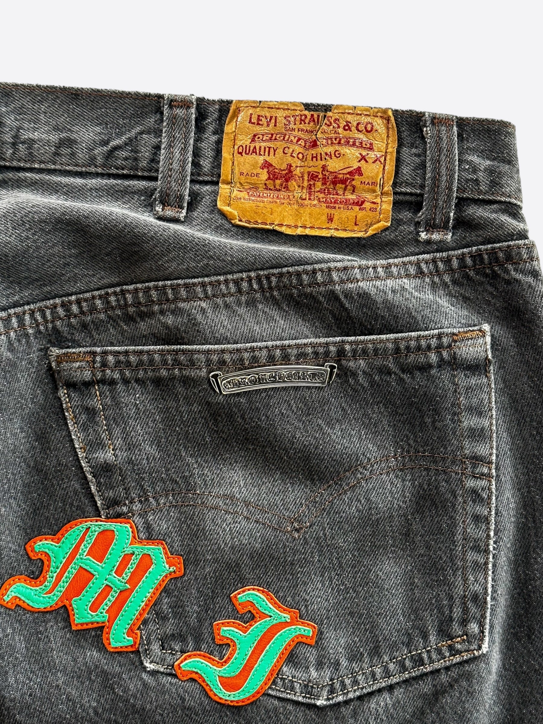 Chrome Hearts x Levi's Miami Patch Jeans - Grey, Green & Orange Distressed Denim for Men | Vintage Style Streetwear & Casual Outfits