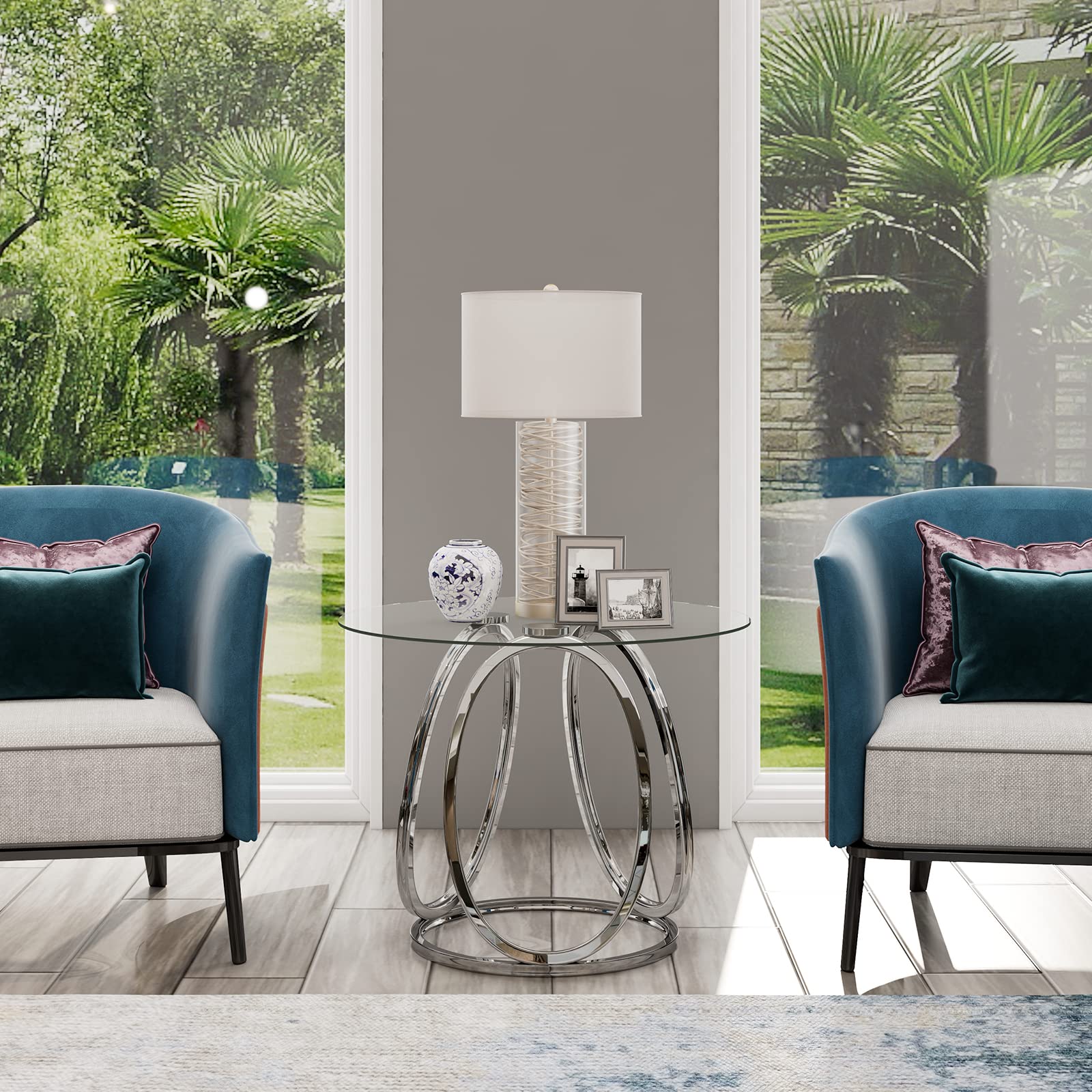 Modern Silver Glass End Table with Chrome Metal Frame - Round Side Table for Living Room, Bedroom & Home Office - Stylish Nightstand for Small Spaces, Dorm & Apartment Decor - 1 PC