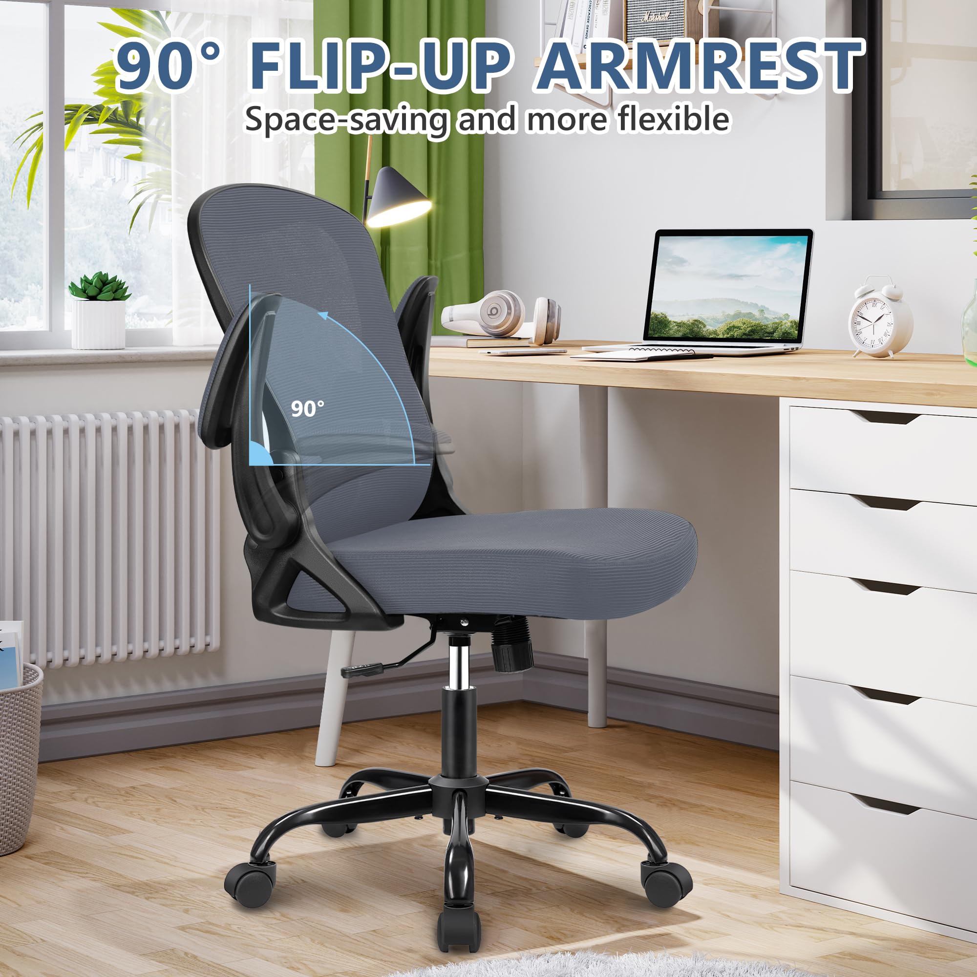 Ergonomic Mesh Office Chair with Adjustable Lumbar Support - Mid Back Swivel Task Chair with Breathable Mesh & Flip-Up Armrests - Comfortable Computer Desk Chair for Home Office, Gaming & Workspaces (Dark Gray)