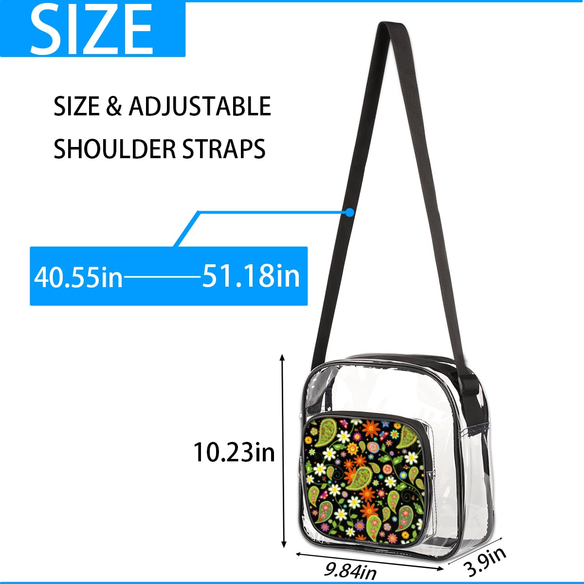 Mularoka Paisley Print Clear Crossbody Purse - Stadium Approved Transparent Bag for Women & Men - Fashionable Green Paisley Design for Concerts, Festivals & Sports Events - Perfect for Music Festivals, NFL Games & Theme Parks